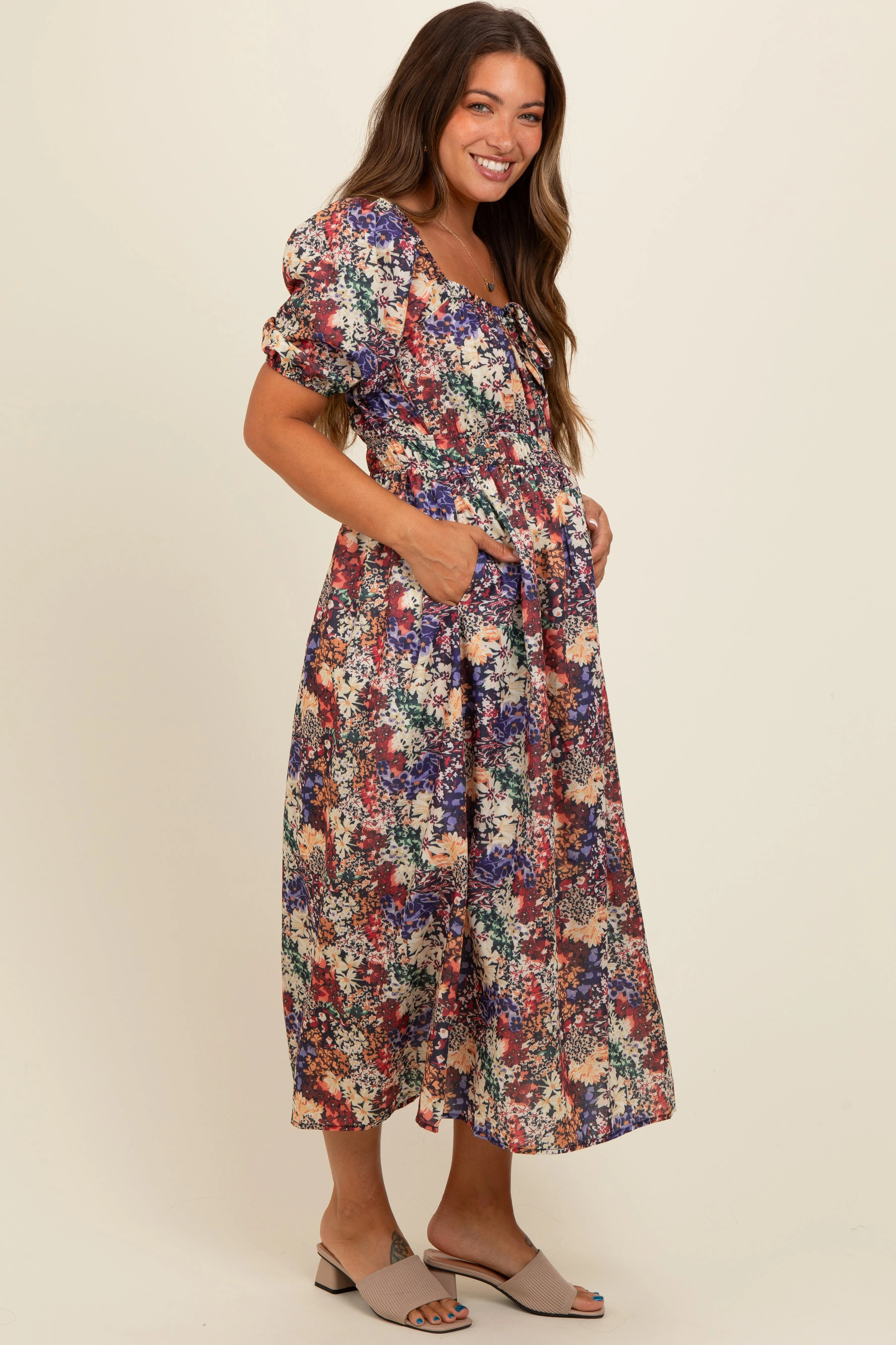Black Floral Puff Sleeve Maternity Midi Dress sold by Pinkblush product image thumbnail 3