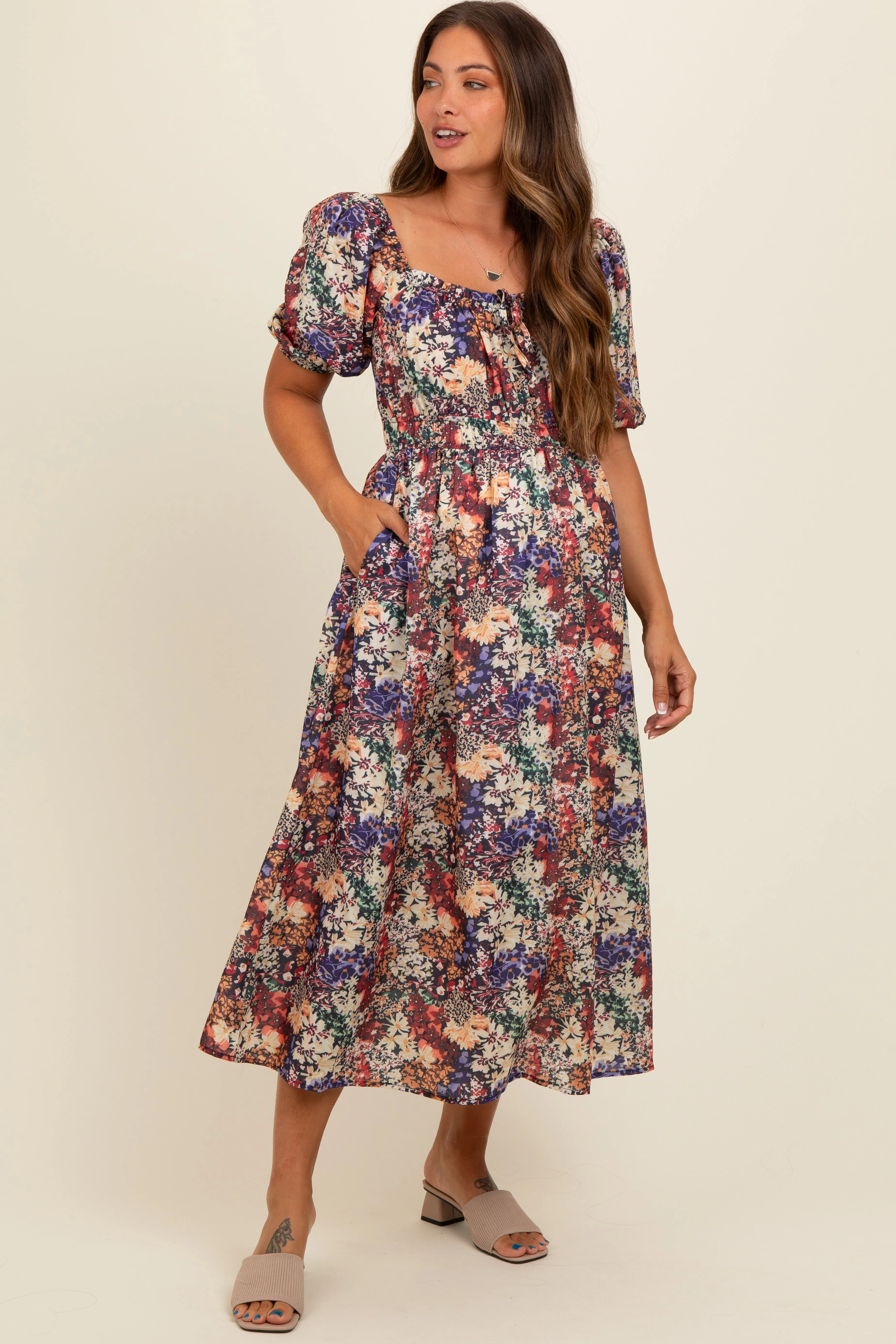 Black Floral Puff Sleeve Maternity Midi Dress sold by Pinkblush