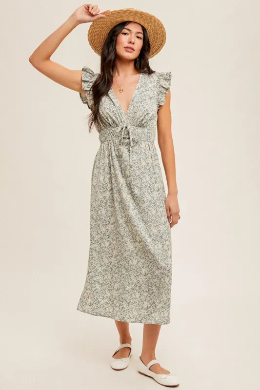 Dusty Blue Flutter Sleeves Floral Print Midi Dress sold by Pinkblush