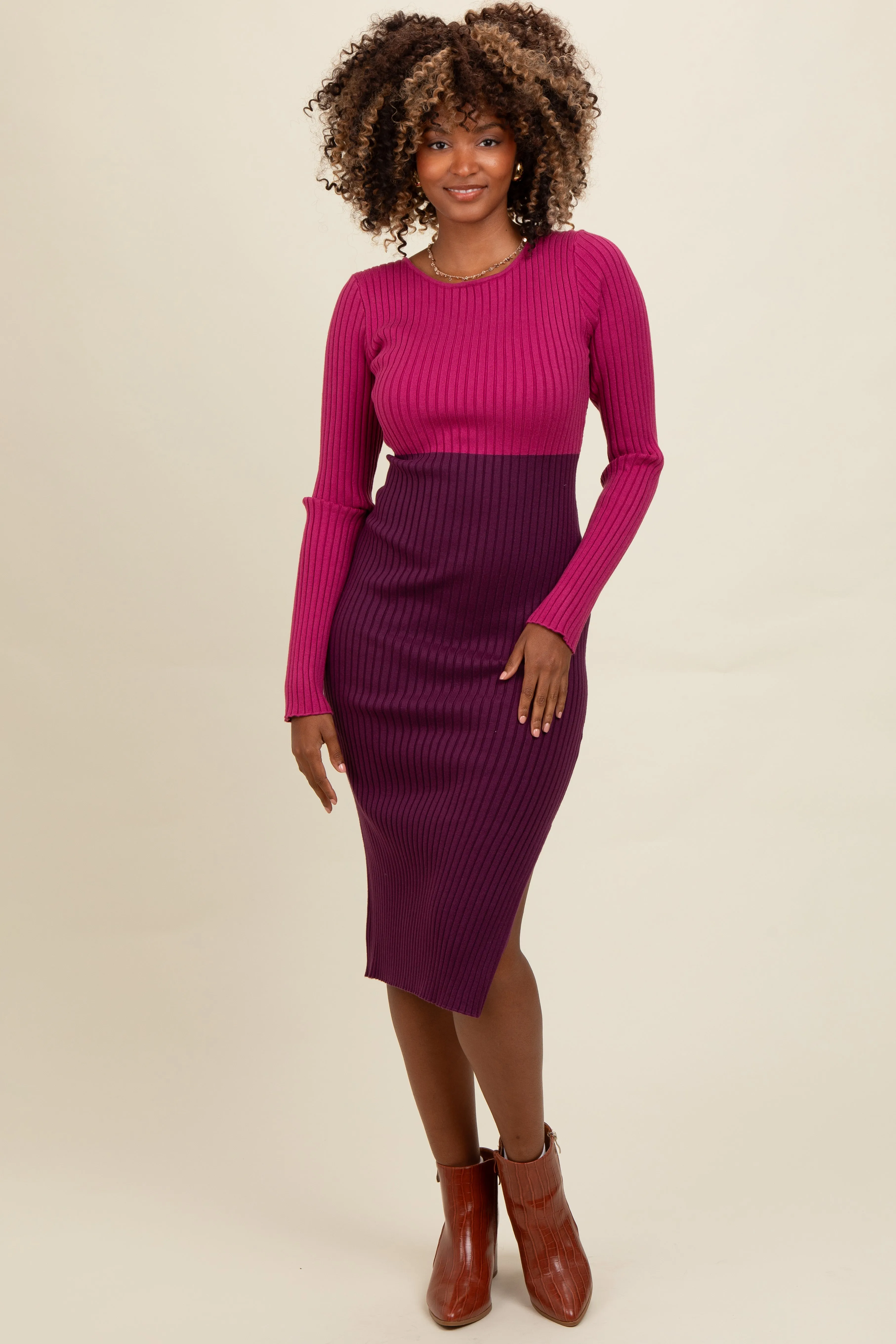Magenta Knit Colorblock Back Twist Cutout Midi Dress sold by Pinkblush