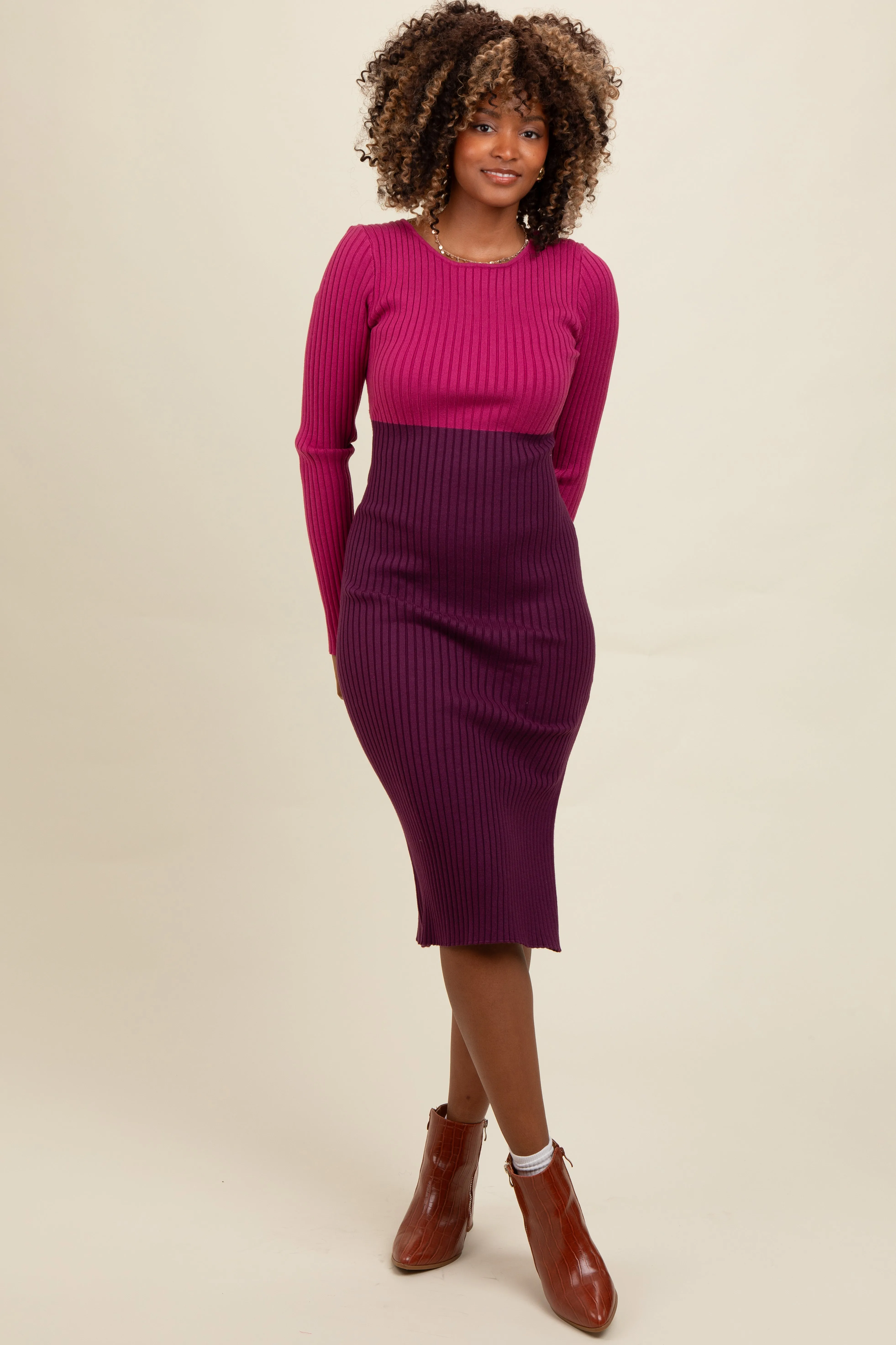 Magenta Knit Colorblock Back Twist Cutout Midi Dress sold by Pinkblush product image thumbnail 2