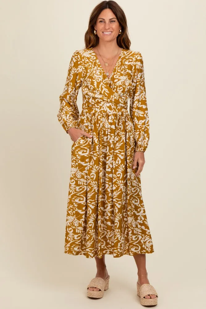 Gold Abstract Floral Gathered Front Midi Dress sold by Pinkblush
