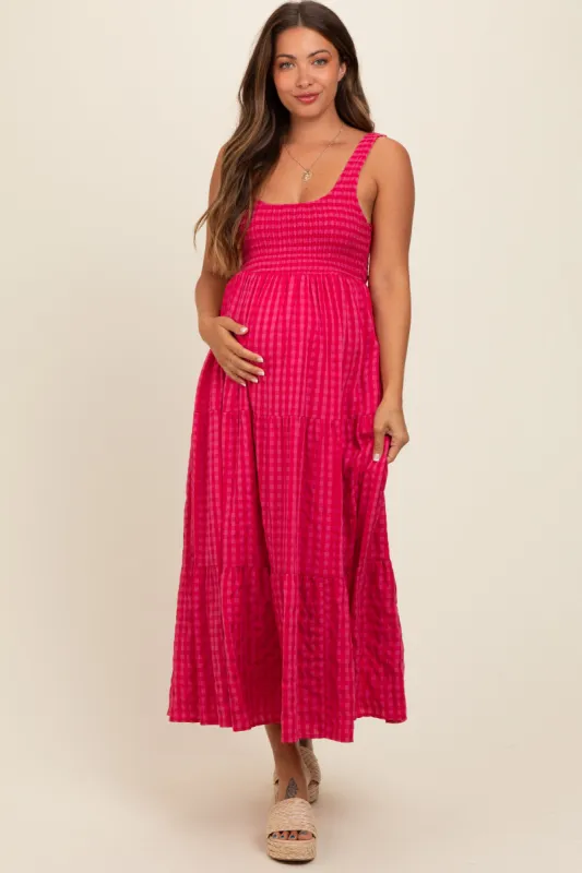 Coral Plaid Tiered Maternity Maxi Dress sold by Pinkblush