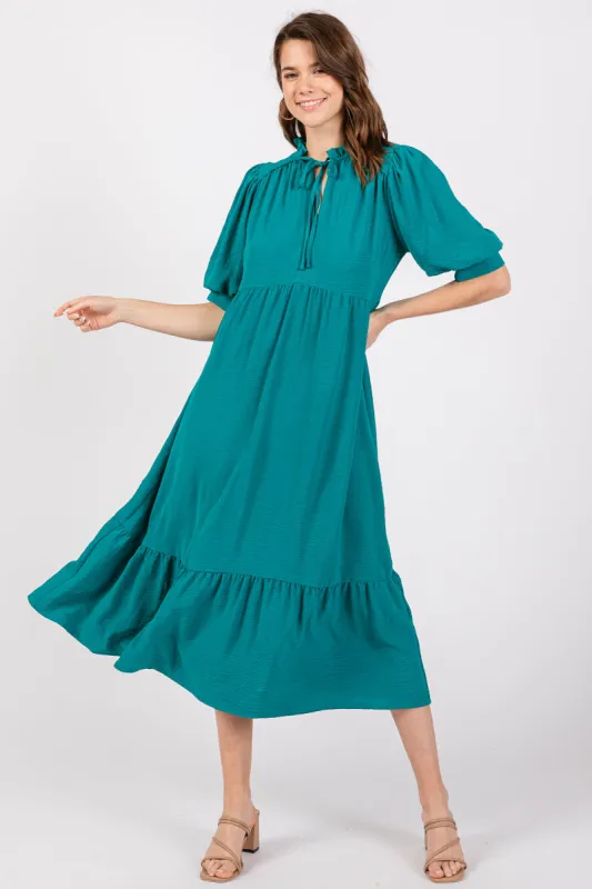 Jade Balloon Sleeve Split Neck Midi Dress sold by Pinkblush