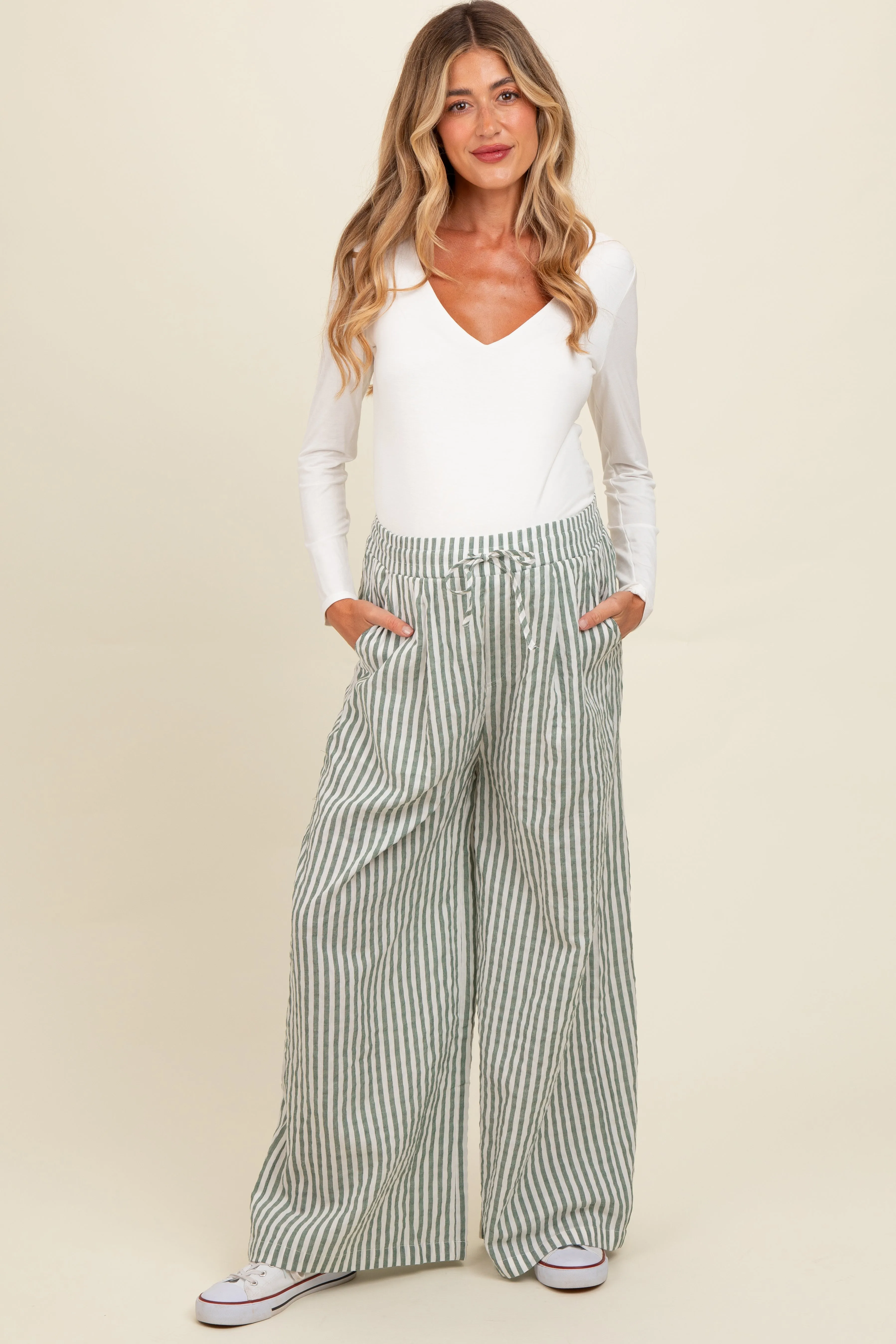 Light Olive Striped Wide Leg Maternity Pants sold by Pinkblush
