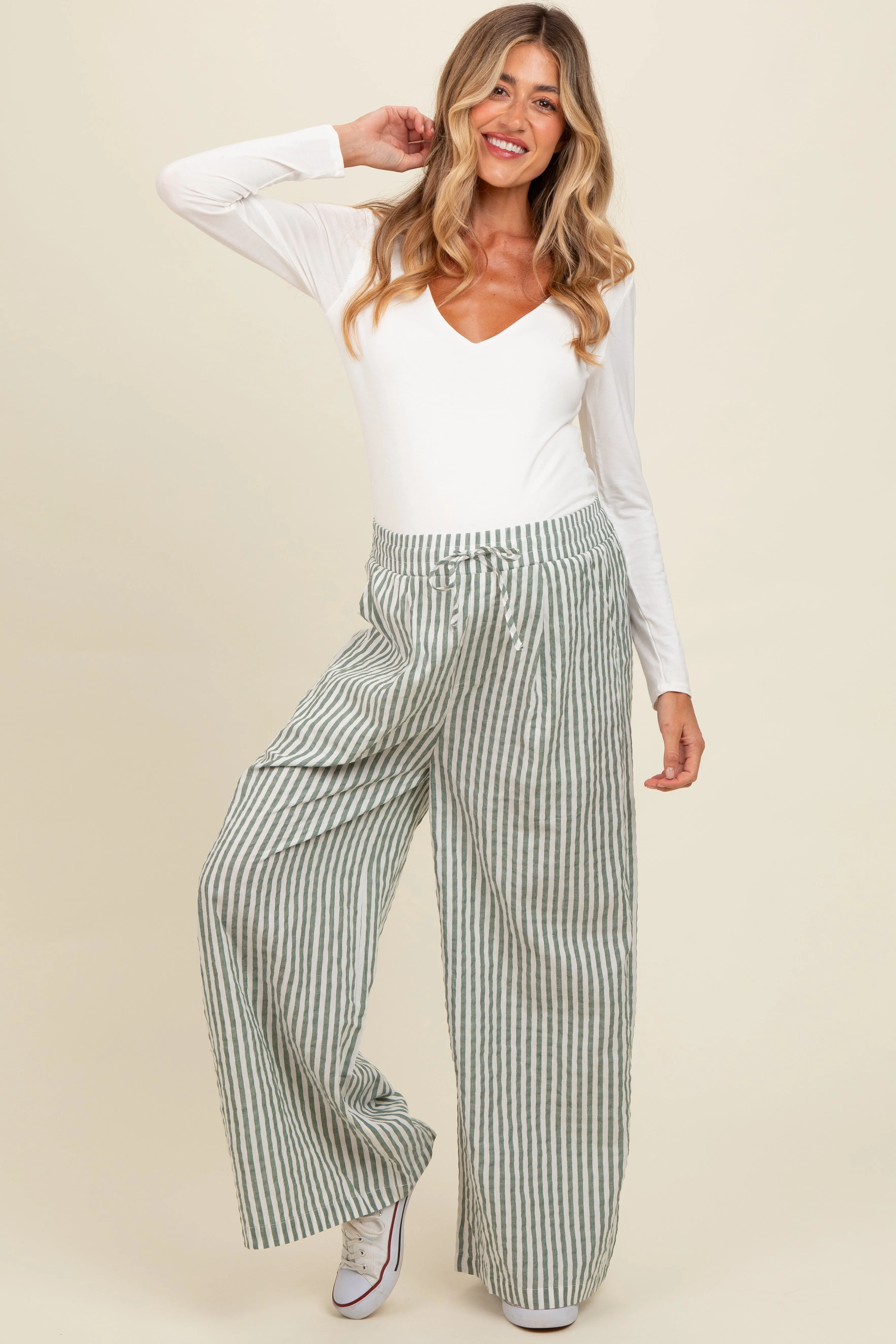 Light Olive Striped Wide Leg Maternity Pants sold by Pinkblush product image thumbnail 2