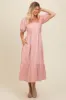 Light Pink Pleated Bodice Puff Sleeve Midi Dress sold by Pinkblush