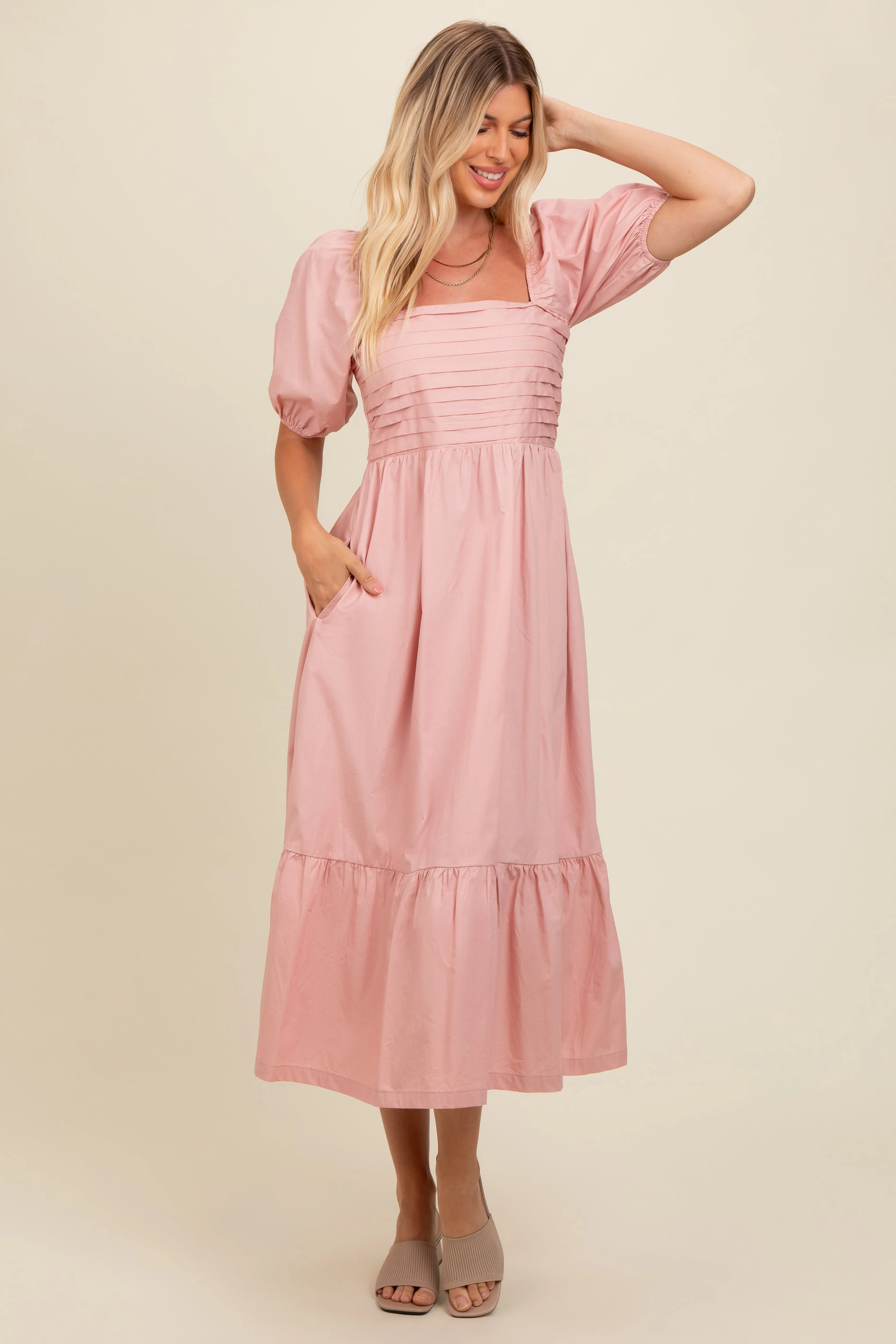 Light Pink Pleated Bodice Puff Sleeve Midi Dress sold by Pinkblush product image thumbnail 2