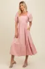 Light Pink Pleated Bodice Puff Sleeve Midi Dress sold by Pinkblush