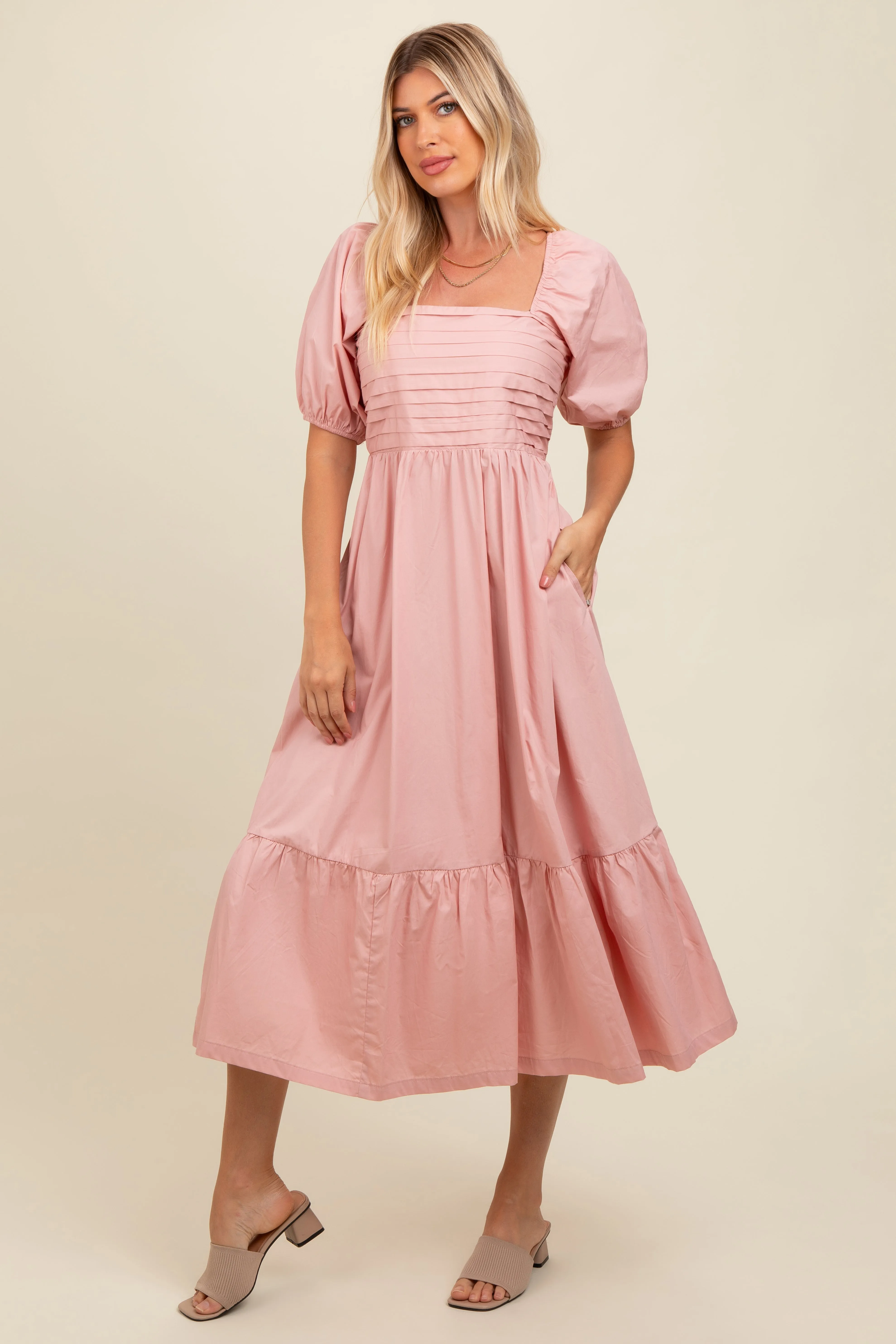 Light Pink Pleated Bodice Puff Sleeve Midi Dress sold by Pinkblush product image thumbnail 3
