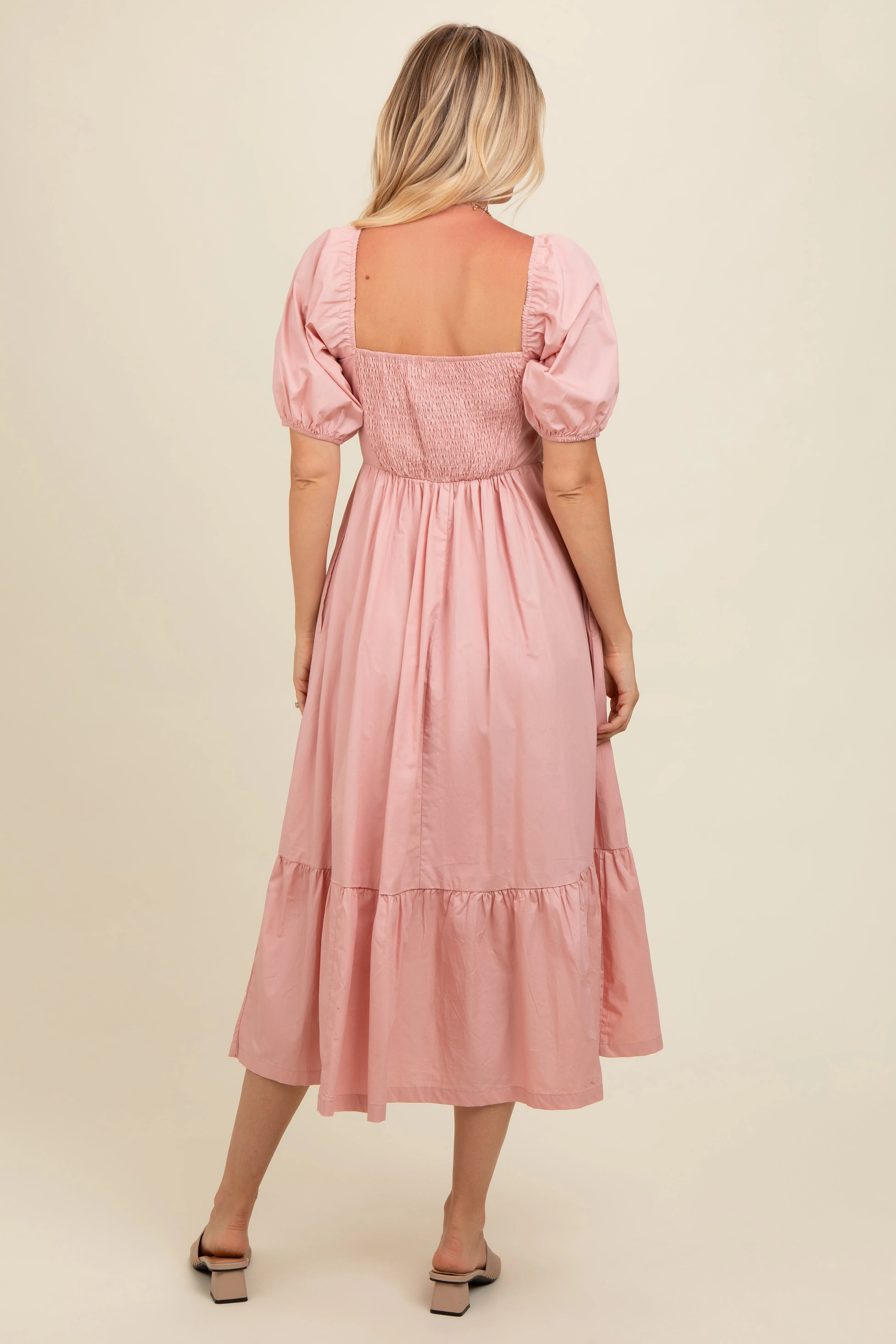 Light Pink Pleated Bodice Puff Sleeve Midi Dress sold by Pinkblush product image thumbnail 4