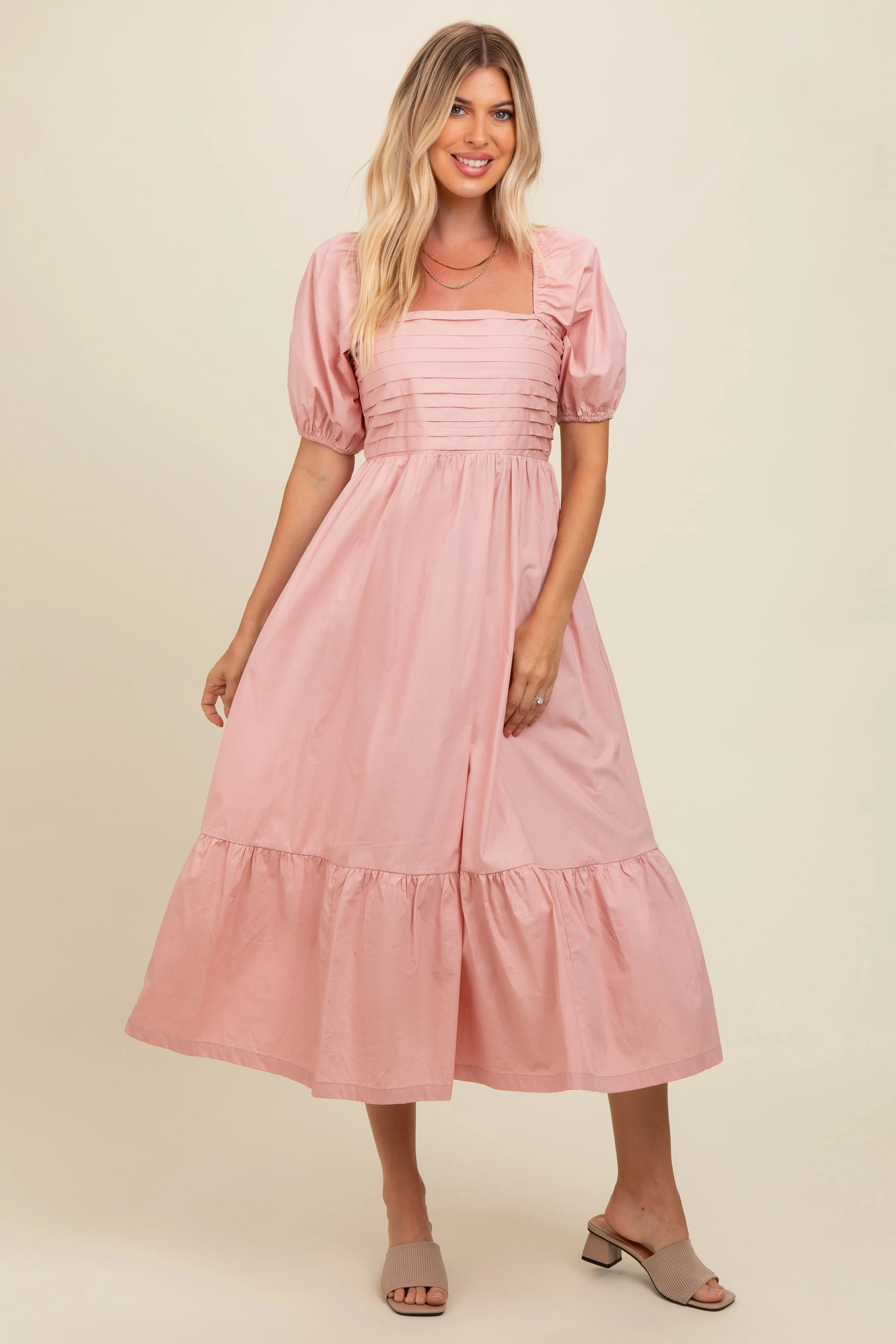 Light Pink Pleated Bodice Puff Sleeve Midi Dress sold by Pinkblush