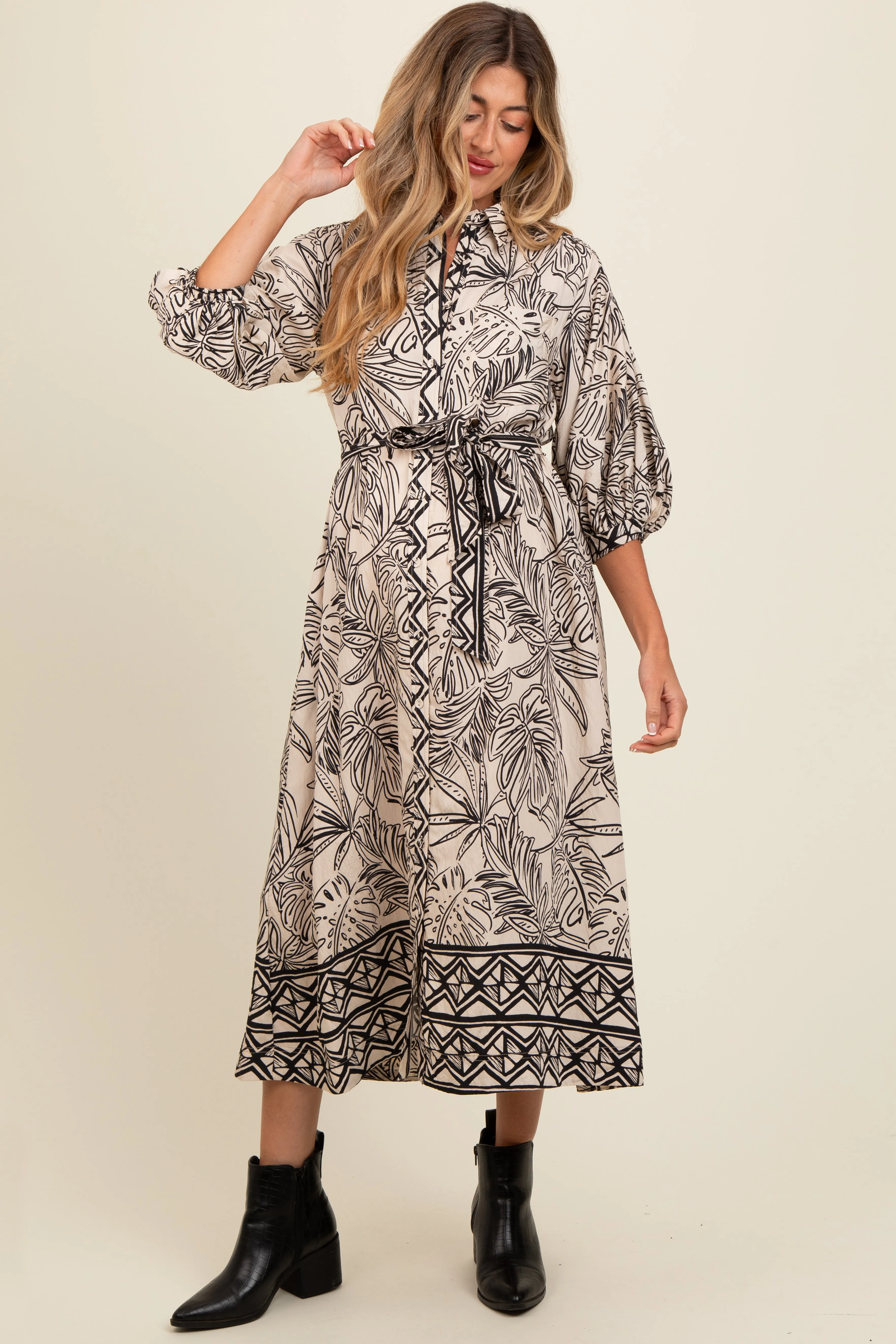 Black Tropical Print Button Down Maternity Shirt Dress sold by Pinkblush product image thumbnail 3