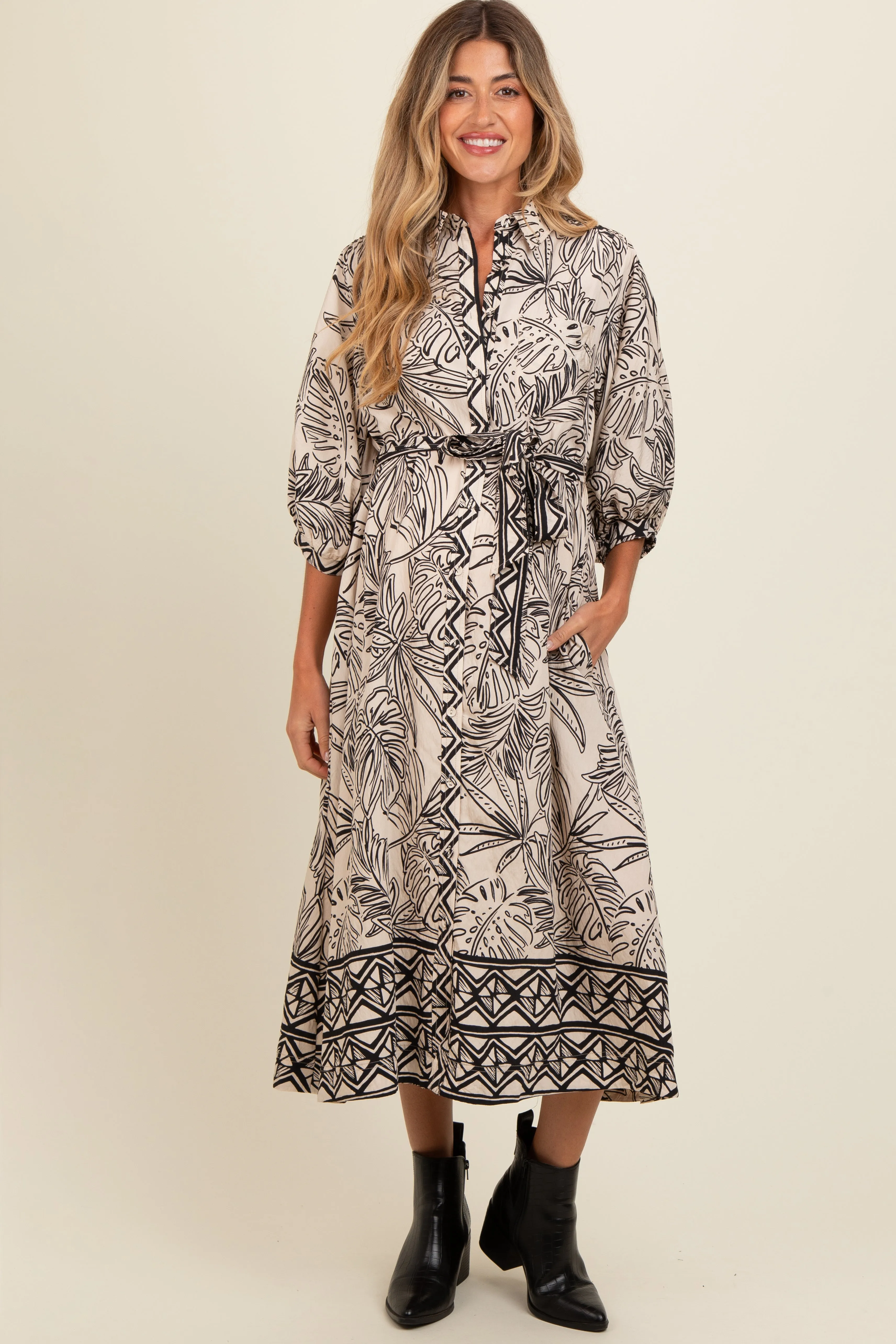 Black Tropical Print Button Down Maternity Shirt Dress sold by Pinkblush