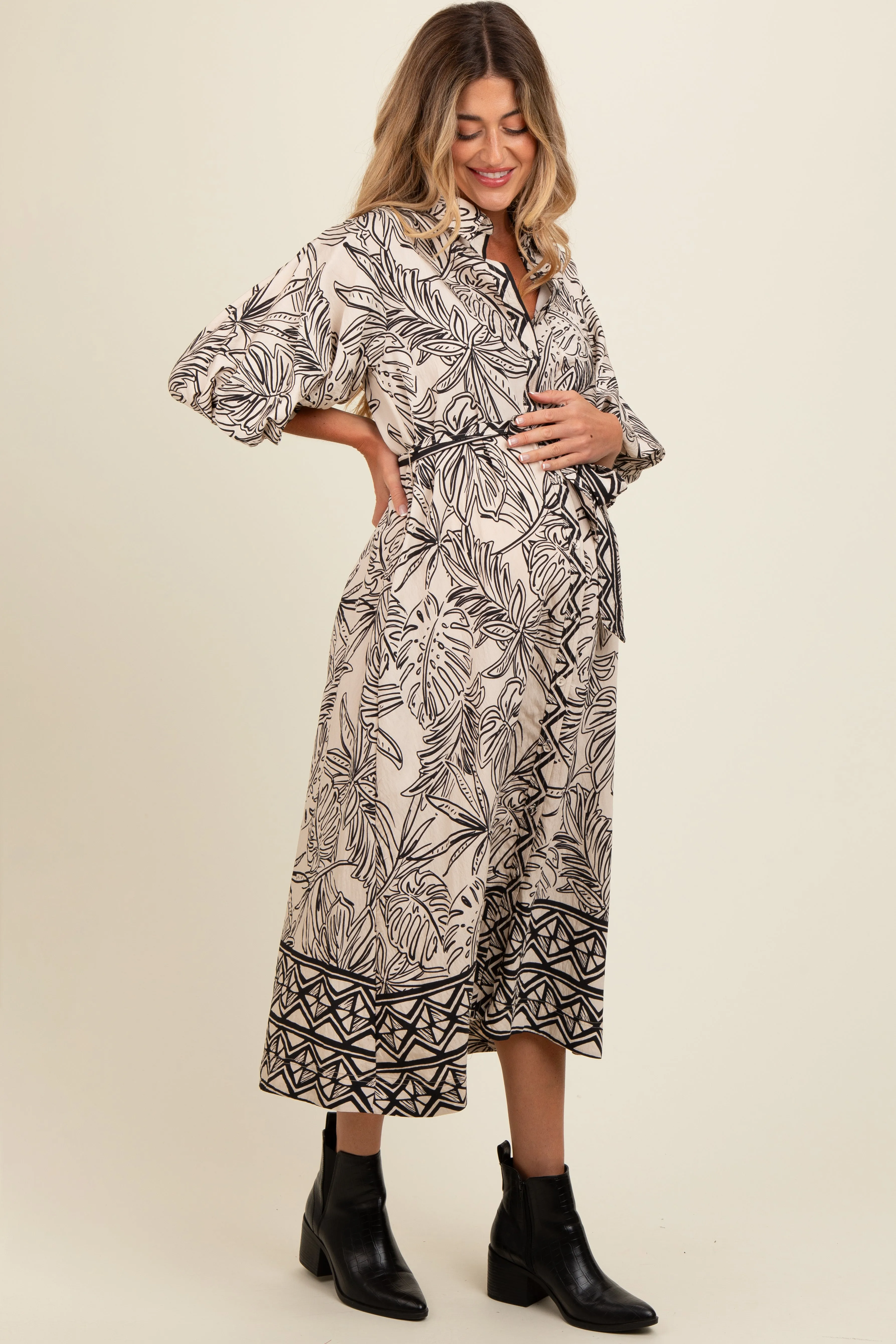 Black Tropical Print Button Down Maternity Shirt Dress sold by Pinkblush product image thumbnail 2
