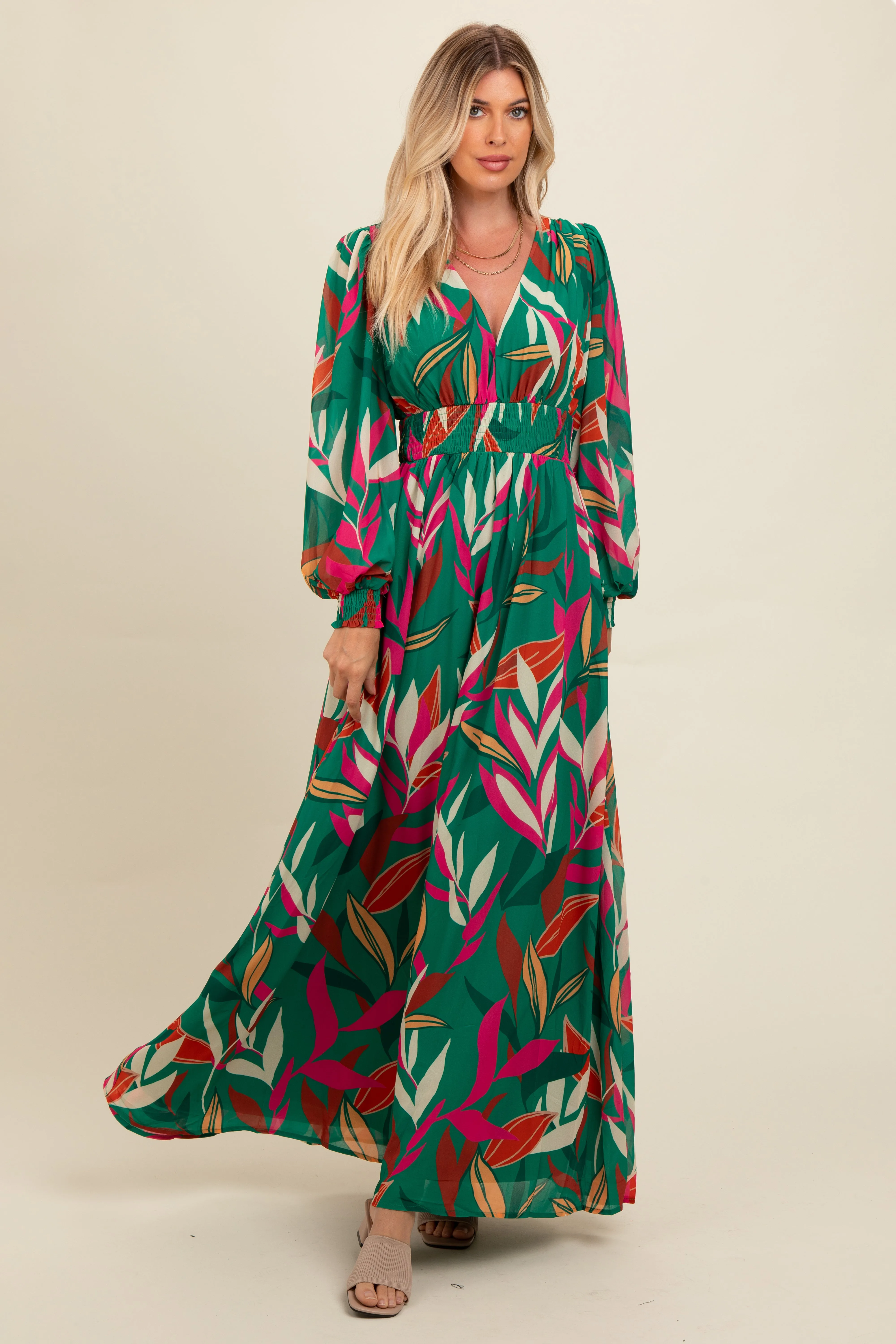 Forest Green Leaf Print Deep V-Neck Maternity Maxi Dress sold by Pinkblush product image thumbnail 4