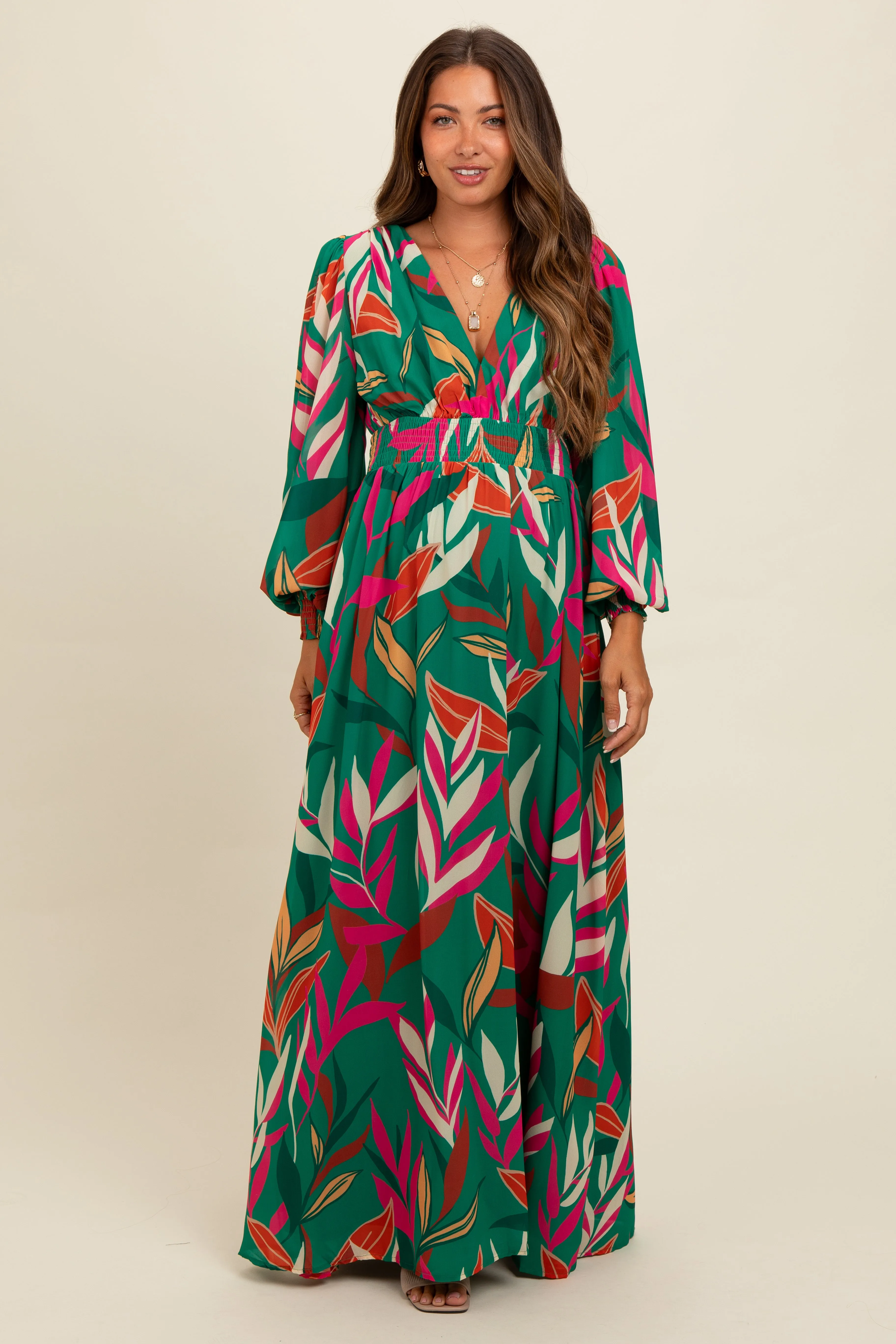 Forest Green Leaf Print Deep V-Neck Maternity Maxi Dress sold by Pinkblush