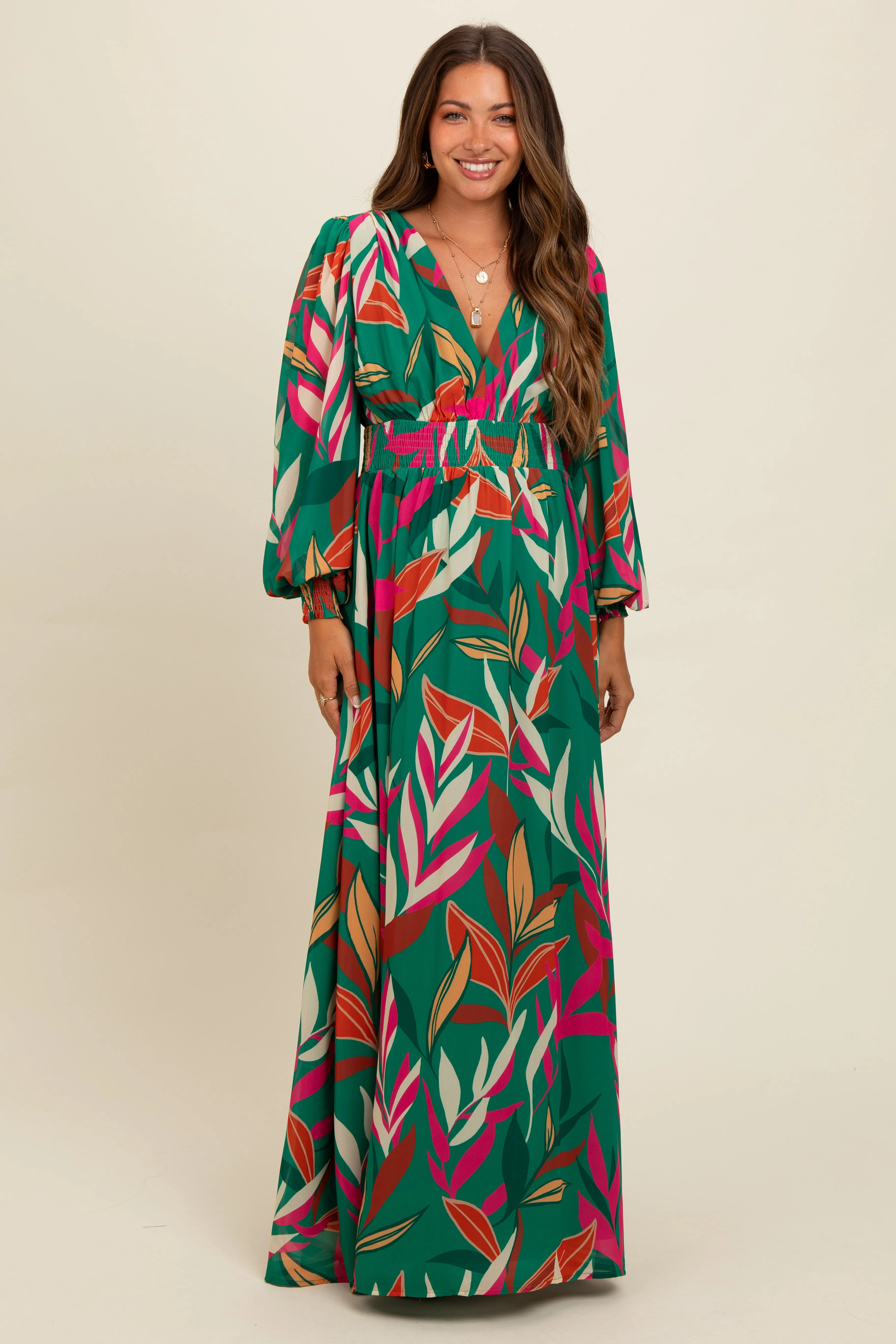 Forest Green Leaf Print Deep V-Neck Maternity Maxi Dress sold by Pinkblush product image thumbnail 2