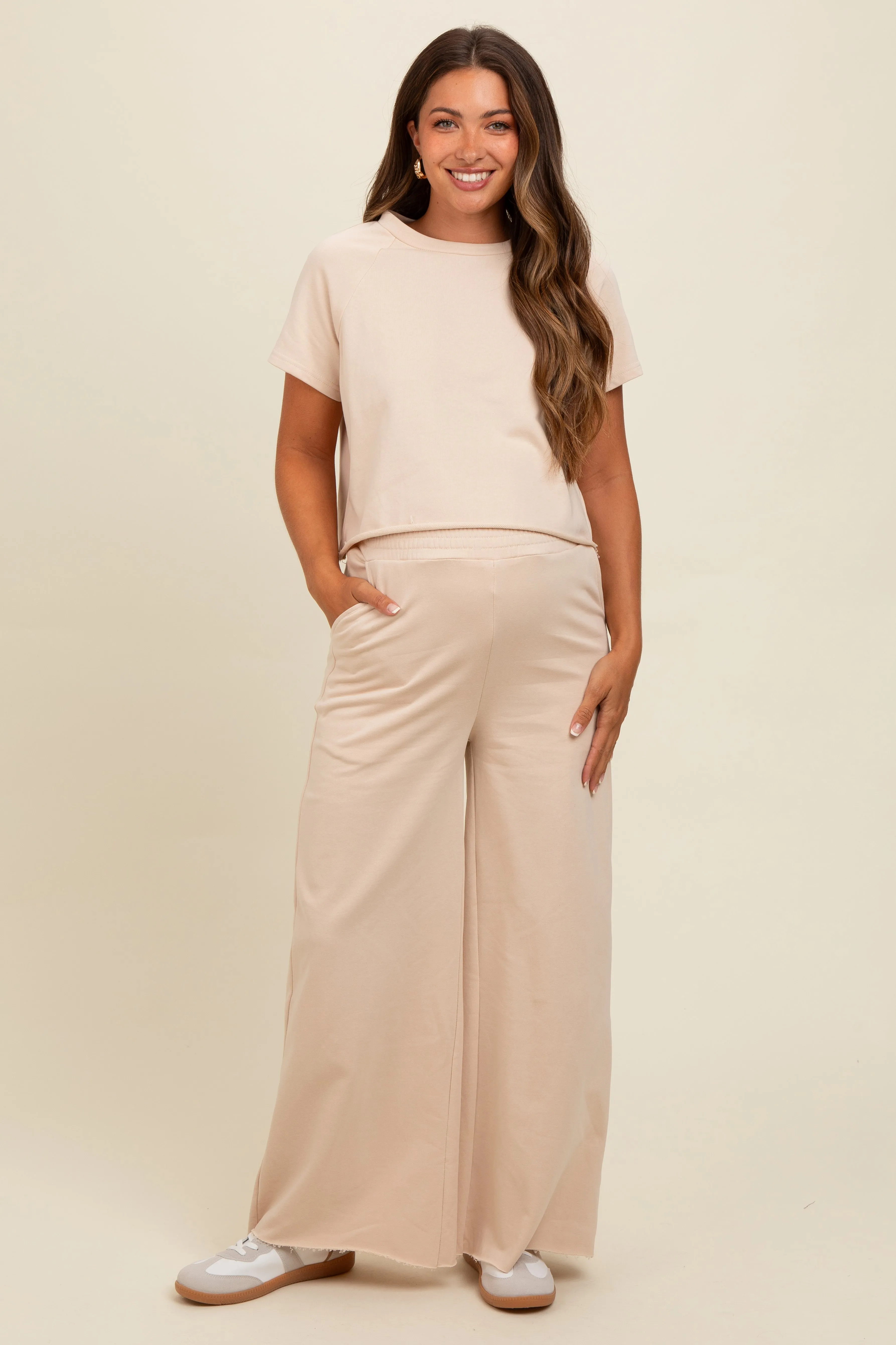 Beige Basic Tee And Wide Leg Pant Maternity Set sold by Pinkblush