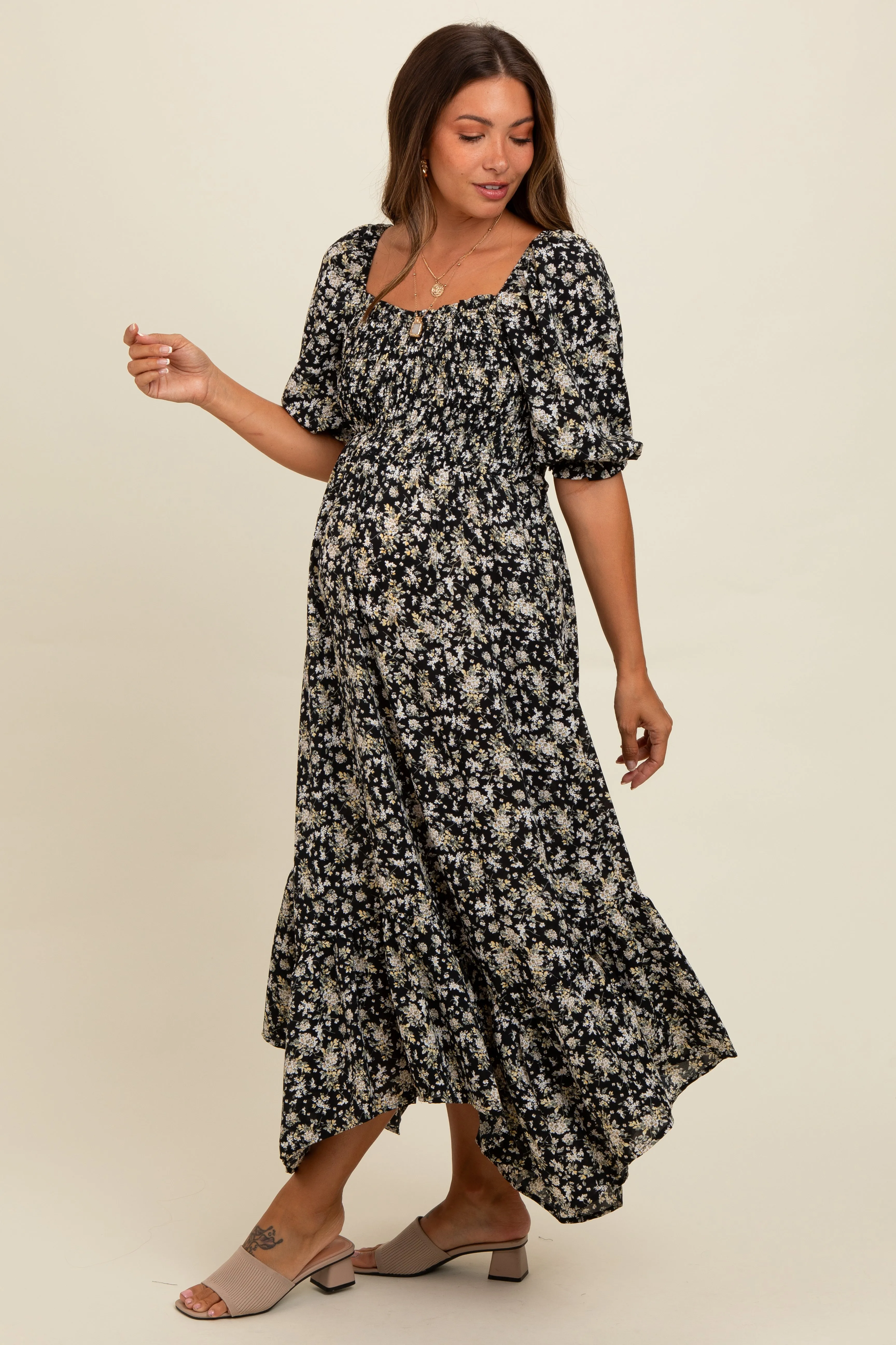 Black Smocked Handkerchief Hem Maternity Dress sold by Pinkblush