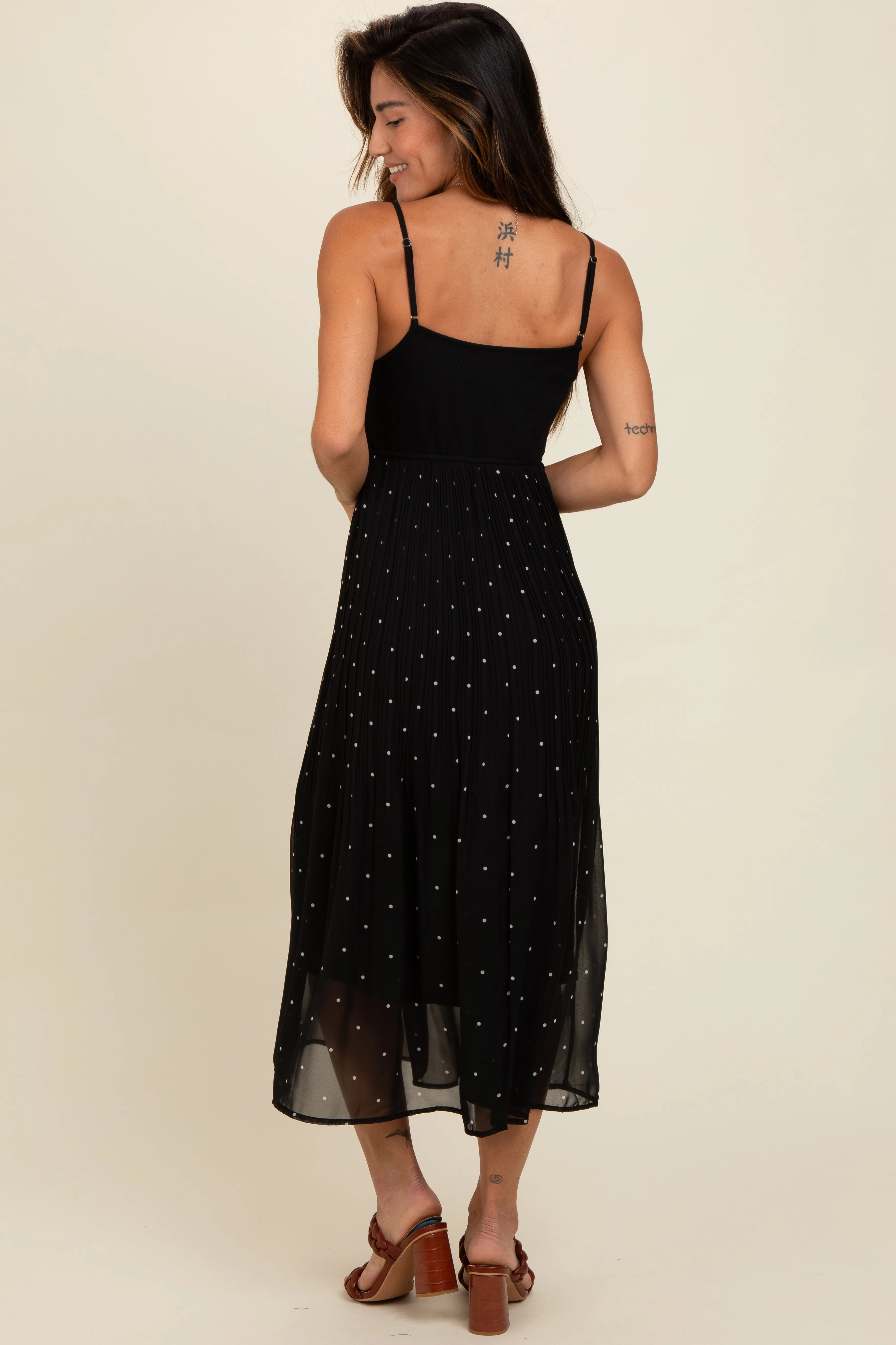 Black Polka Dot Pleated Mesh Overlay Maxi Dress sold by Pinkblush product image thumbnail 3