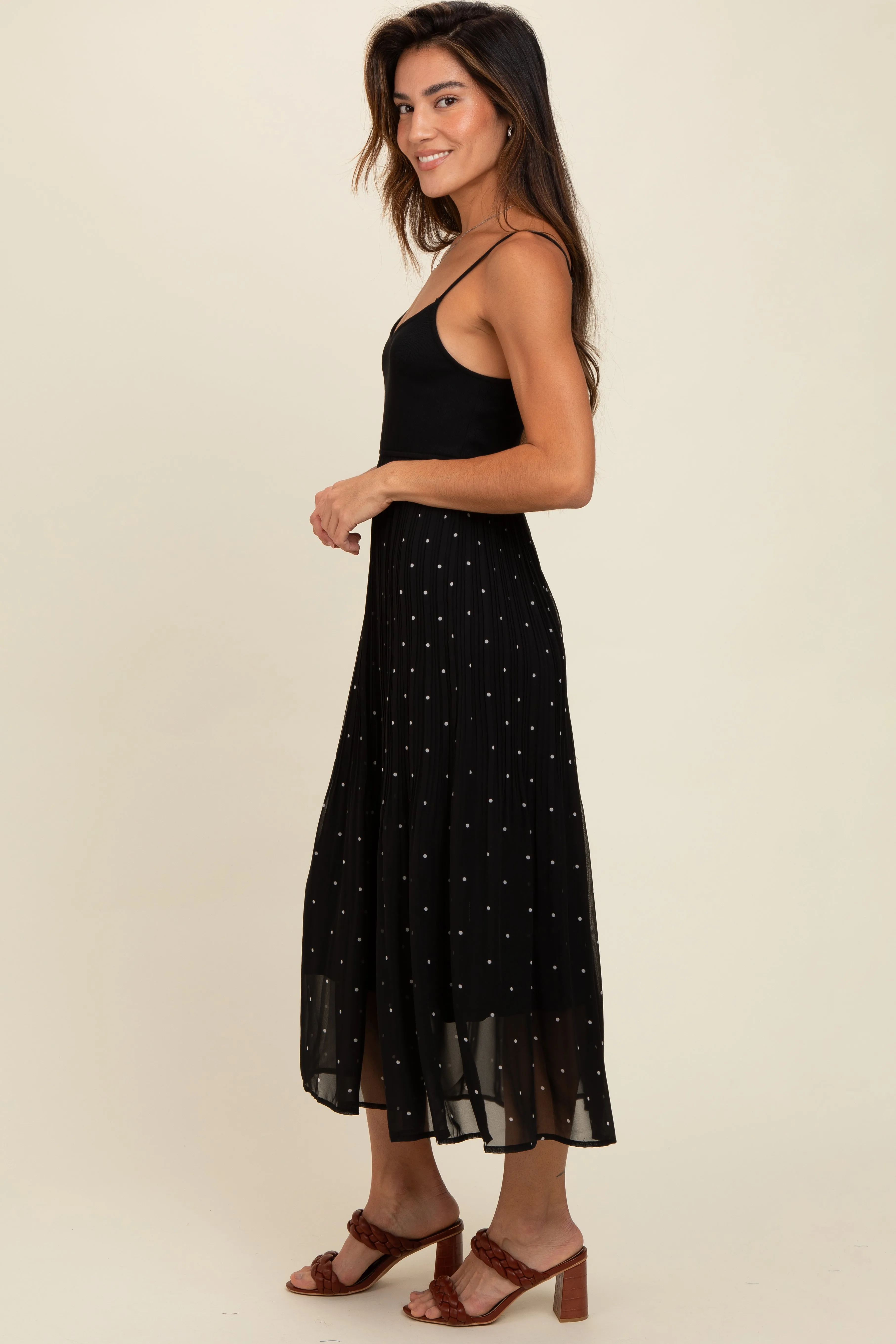 Black Polka Dot Pleated Mesh Overlay Maxi Dress sold by Pinkblush product image thumbnail 2