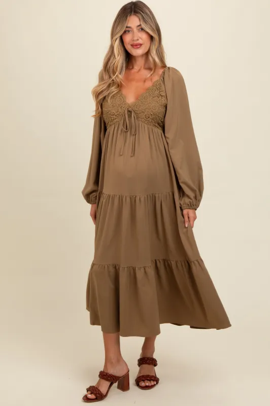 Olive Contrast Lace Bodice Tiered Maternity Midi Dress sold by Pinkblush