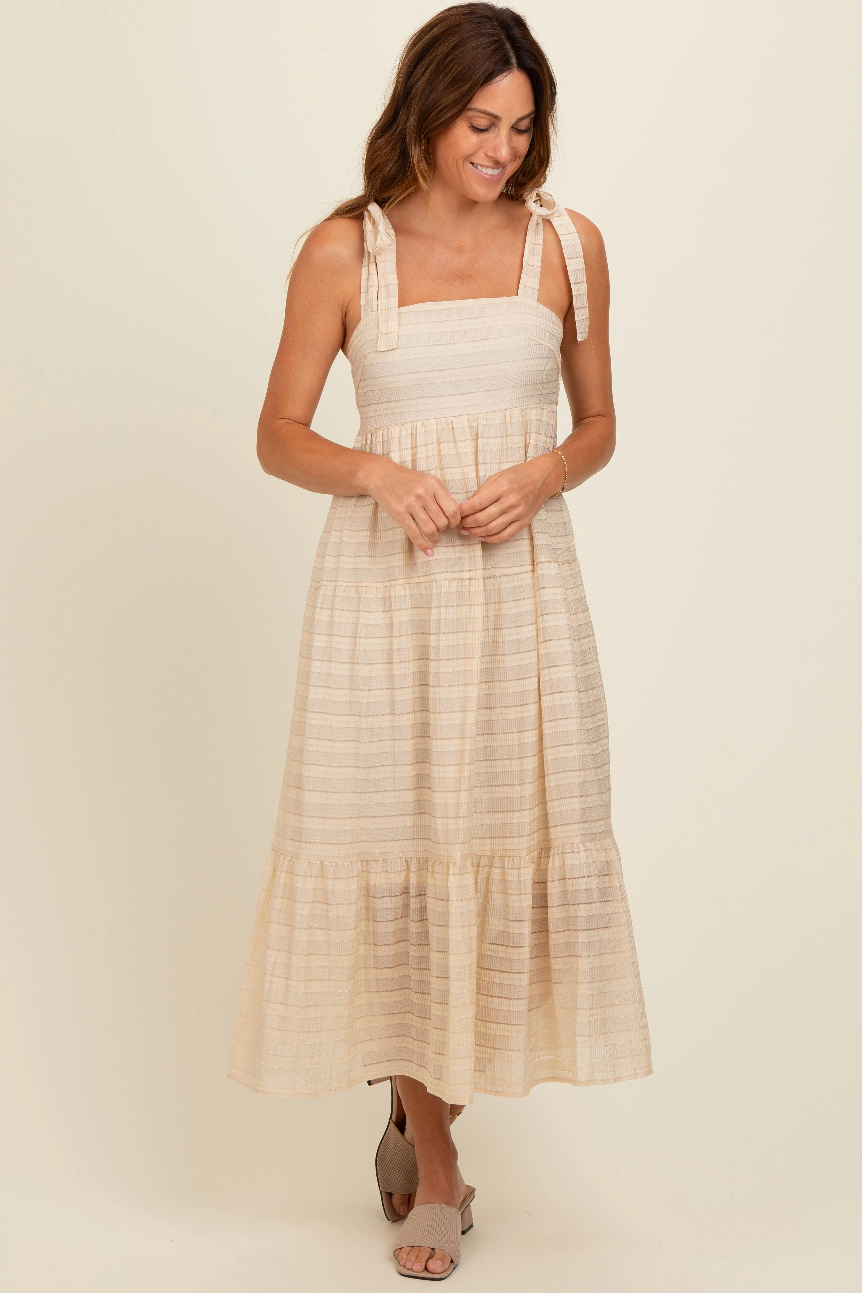 Cream Gingham Shoulder Tie Dress sold by Pinkblush