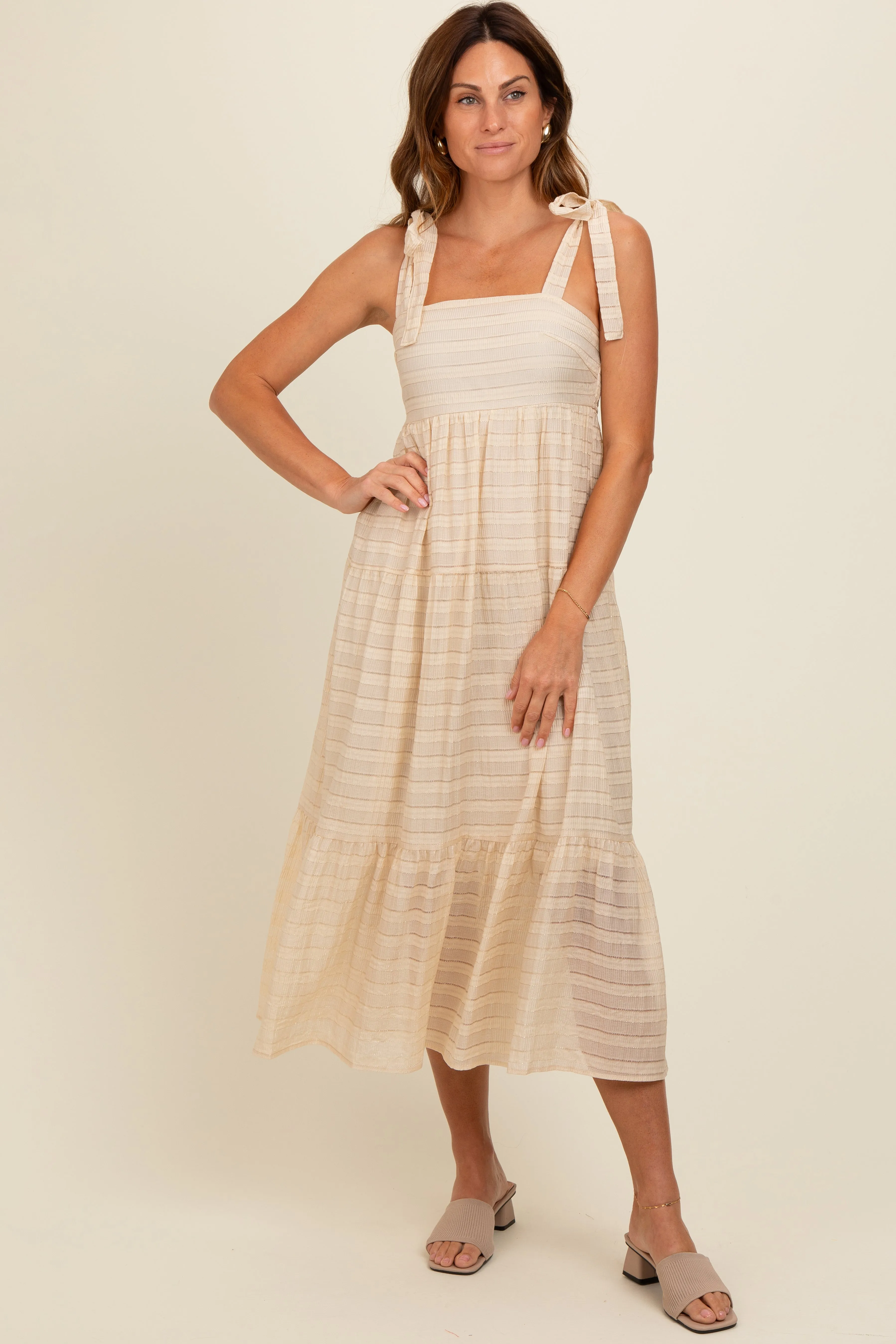 Cream Gingham Shoulder Tie Dress sold by Pinkblush product image thumbnail 2