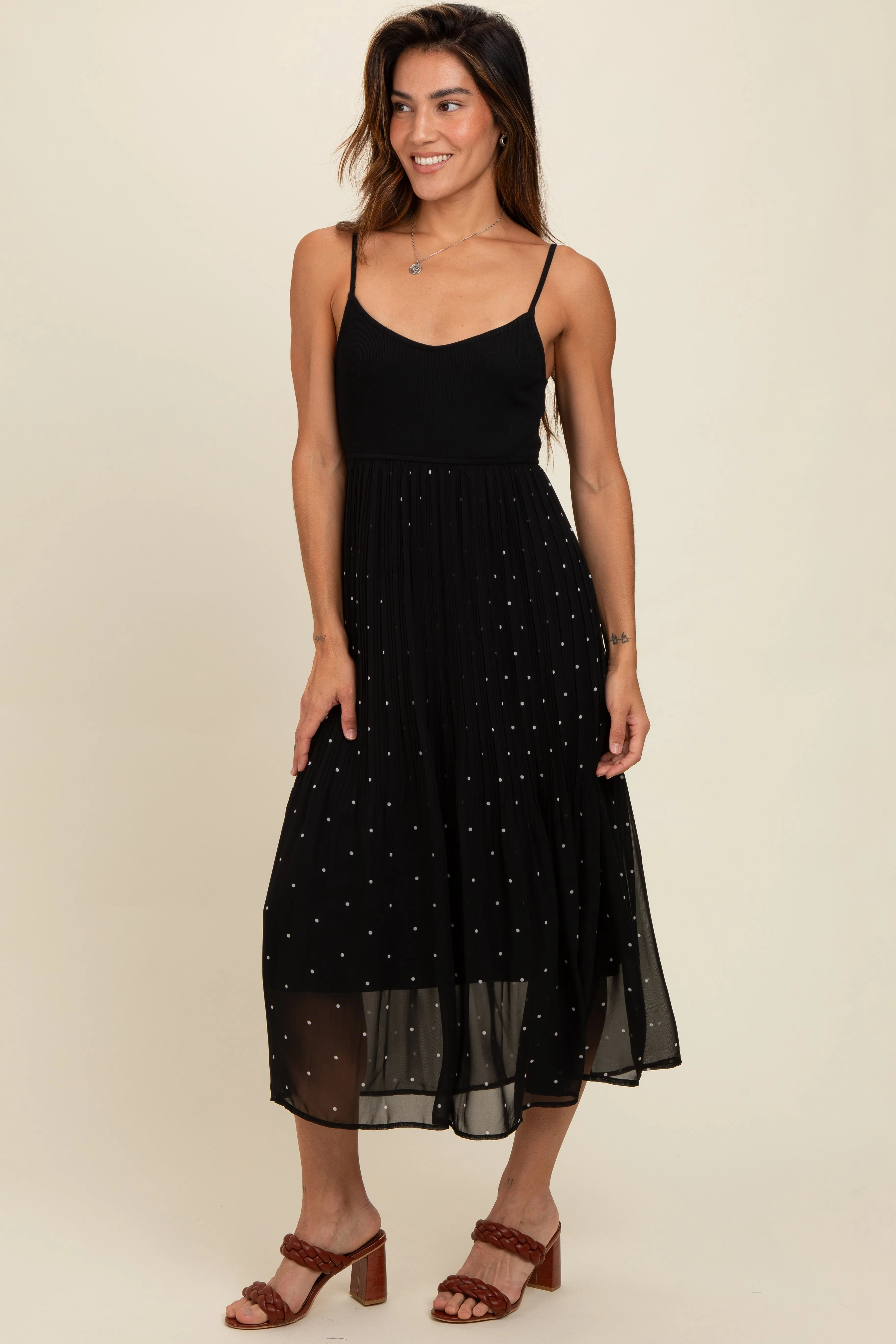 Black Polka Dot Pleated Mesh Overlay Maternity Maxi Dress sold by Pinkblush product image thumbnail 5