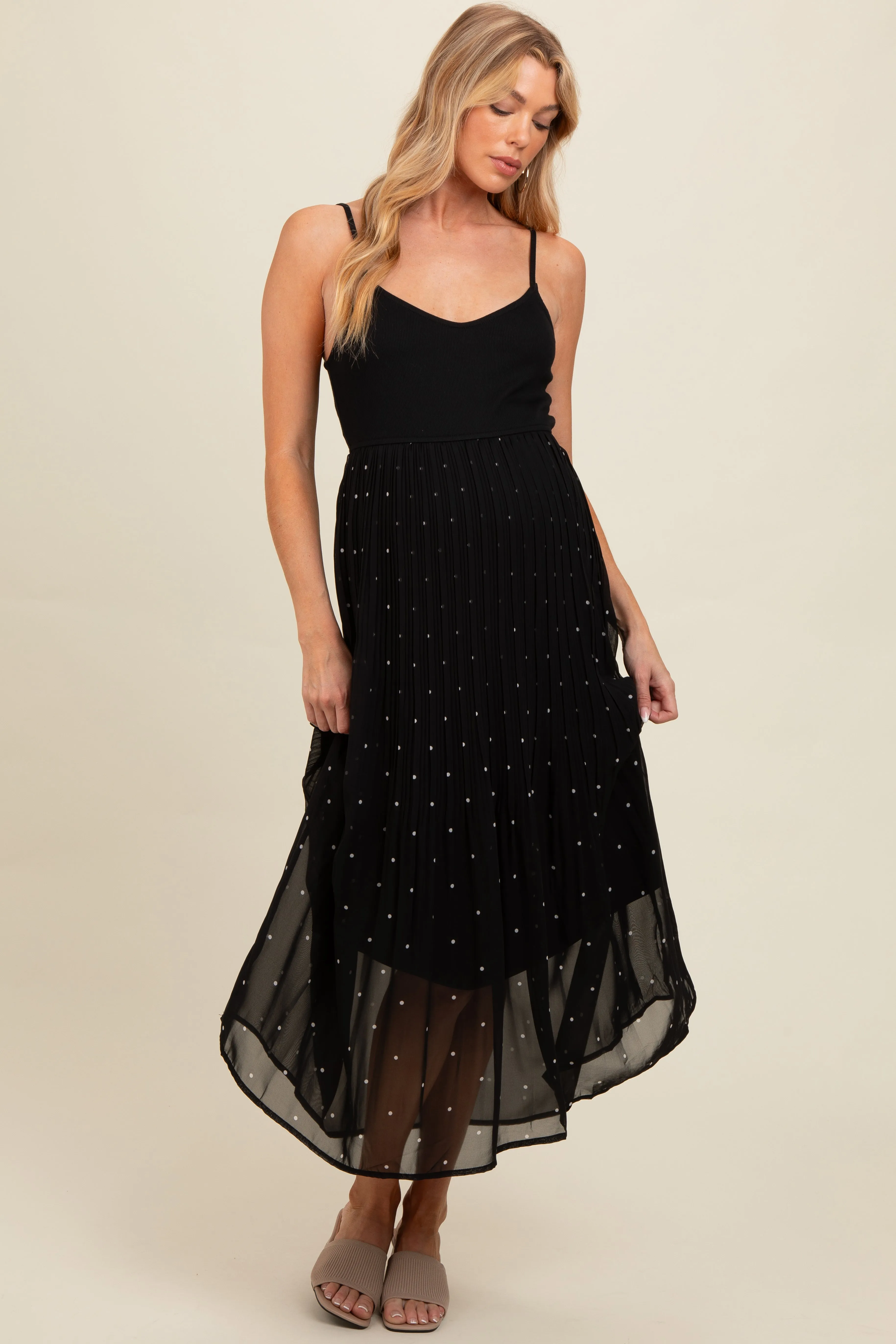 Black Polka Dot Pleated Mesh Overlay Maternity Maxi Dress sold by Pinkblush product image thumbnail 2