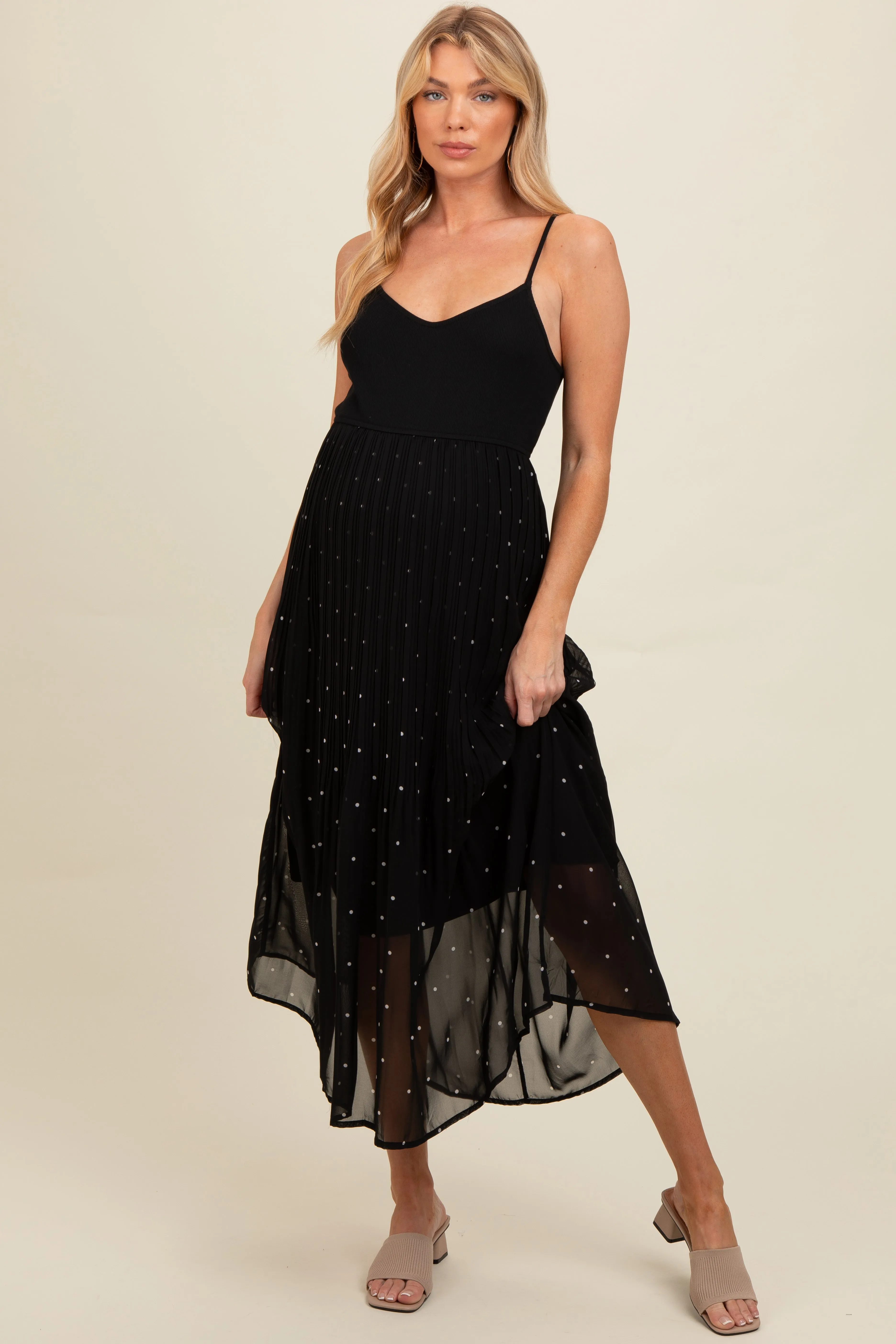 Black Polka Dot Pleated Mesh Overlay Maternity Maxi Dress sold by Pinkblush product image thumbnail 3