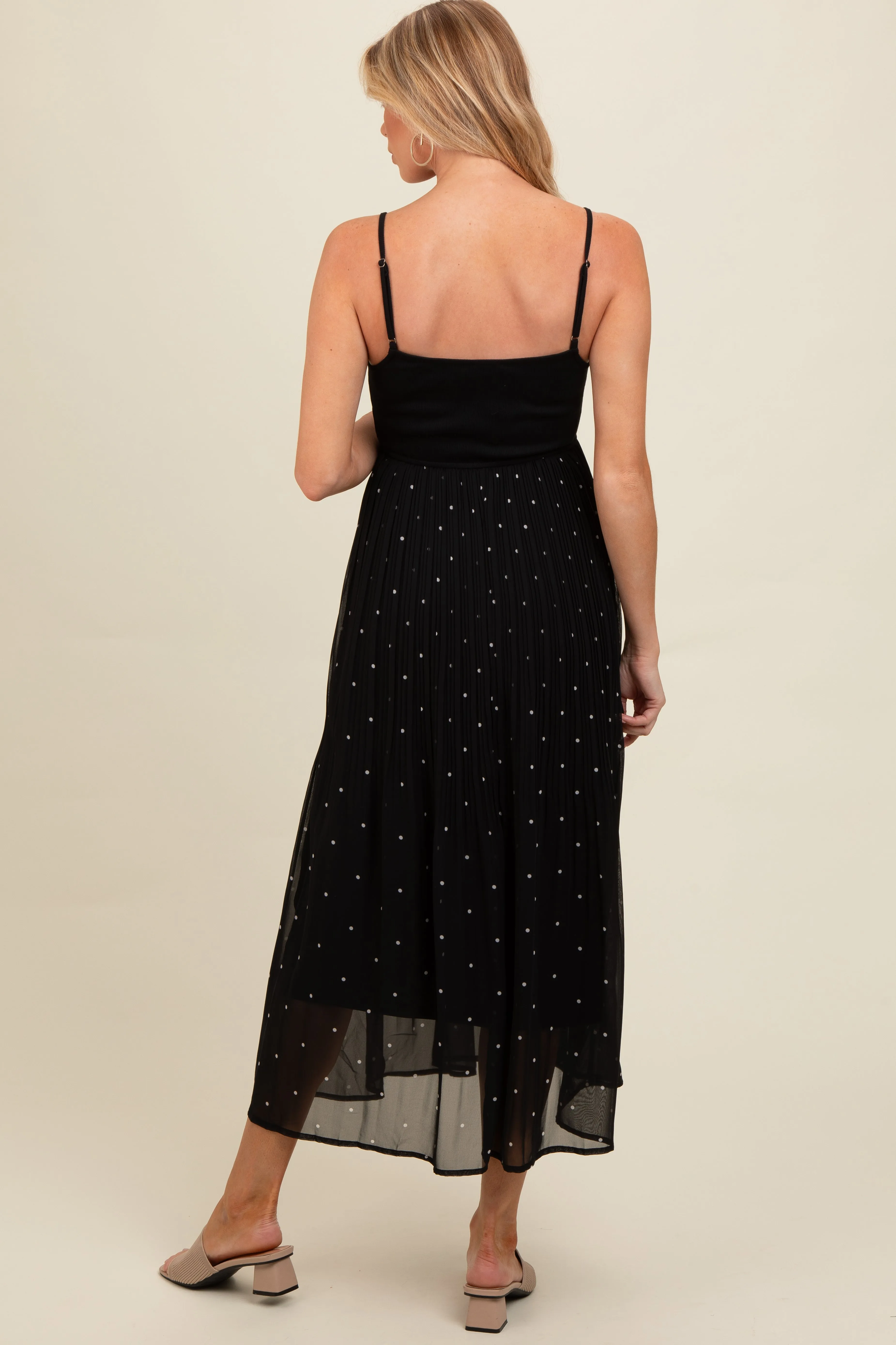 Black Polka Dot Pleated Mesh Overlay Maternity Maxi Dress sold by Pinkblush product image thumbnail 4