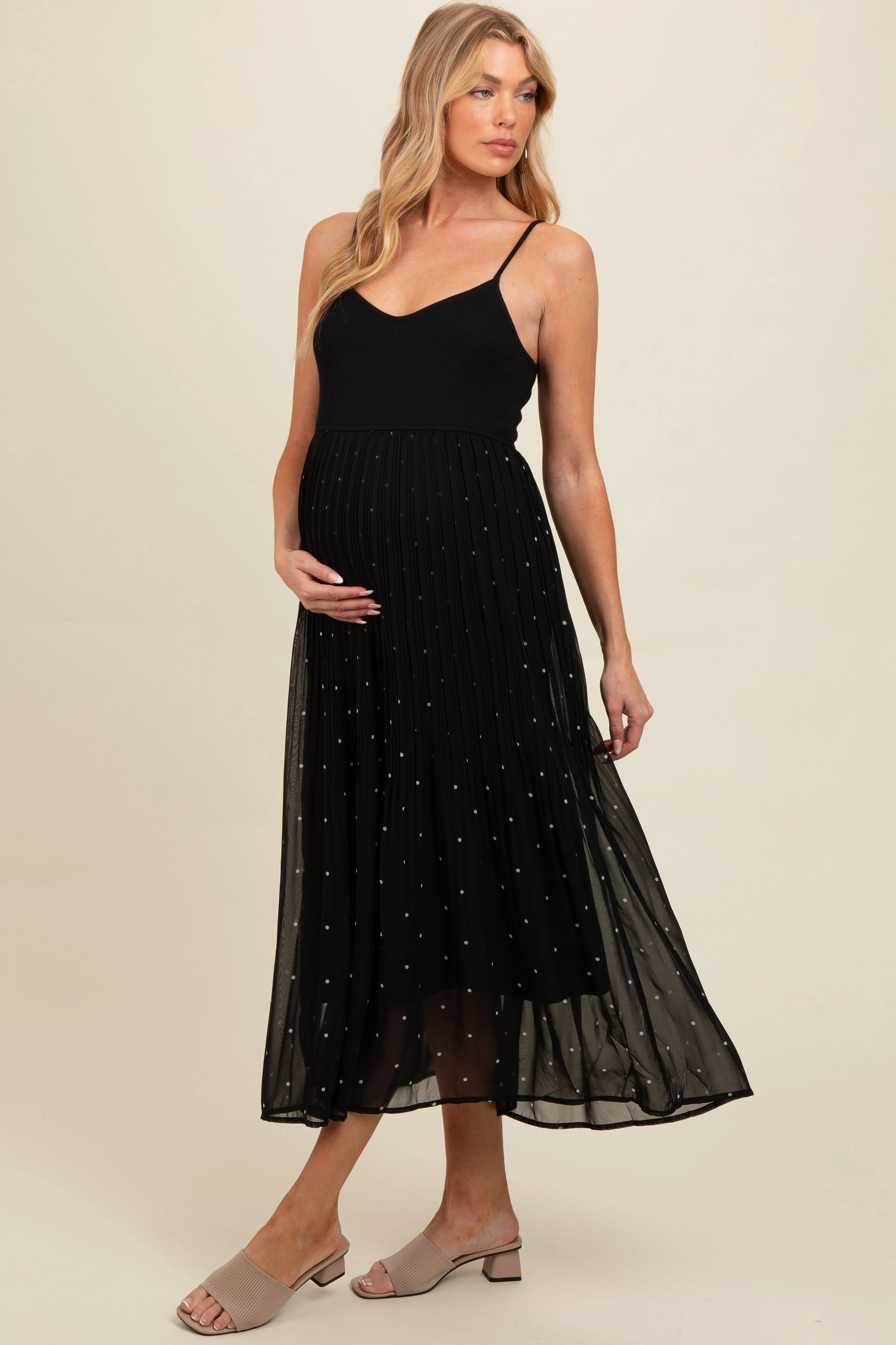 Black Polka Dot Pleated Mesh Overlay Maternity Maxi Dress sold by Pinkblush