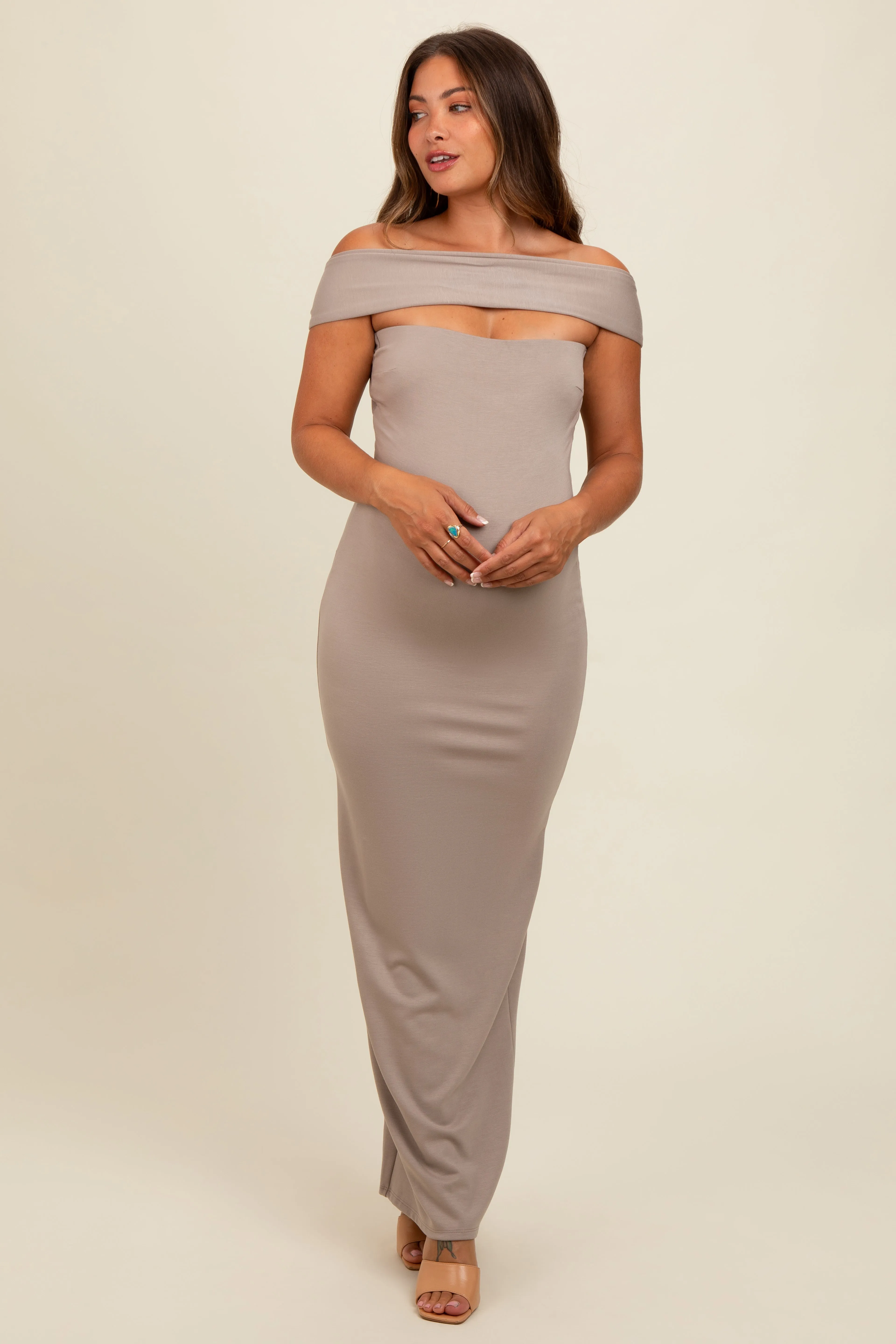 Beige Strapless Low Back Maternity Maxi Dress sold by Pinkblush