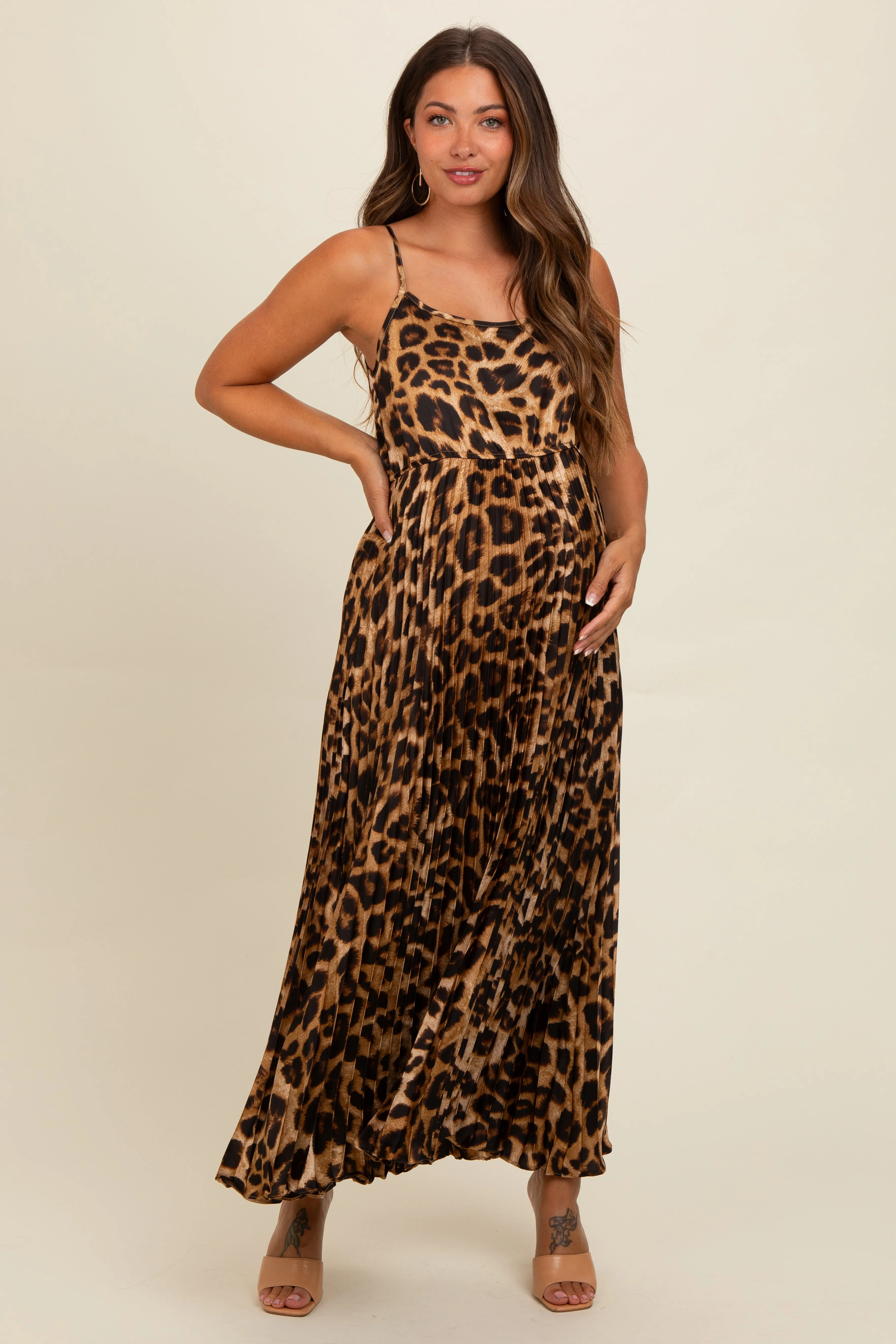 Brown Leopard Print Pleated Maternity Maxi Dress sold by Pinkblush
