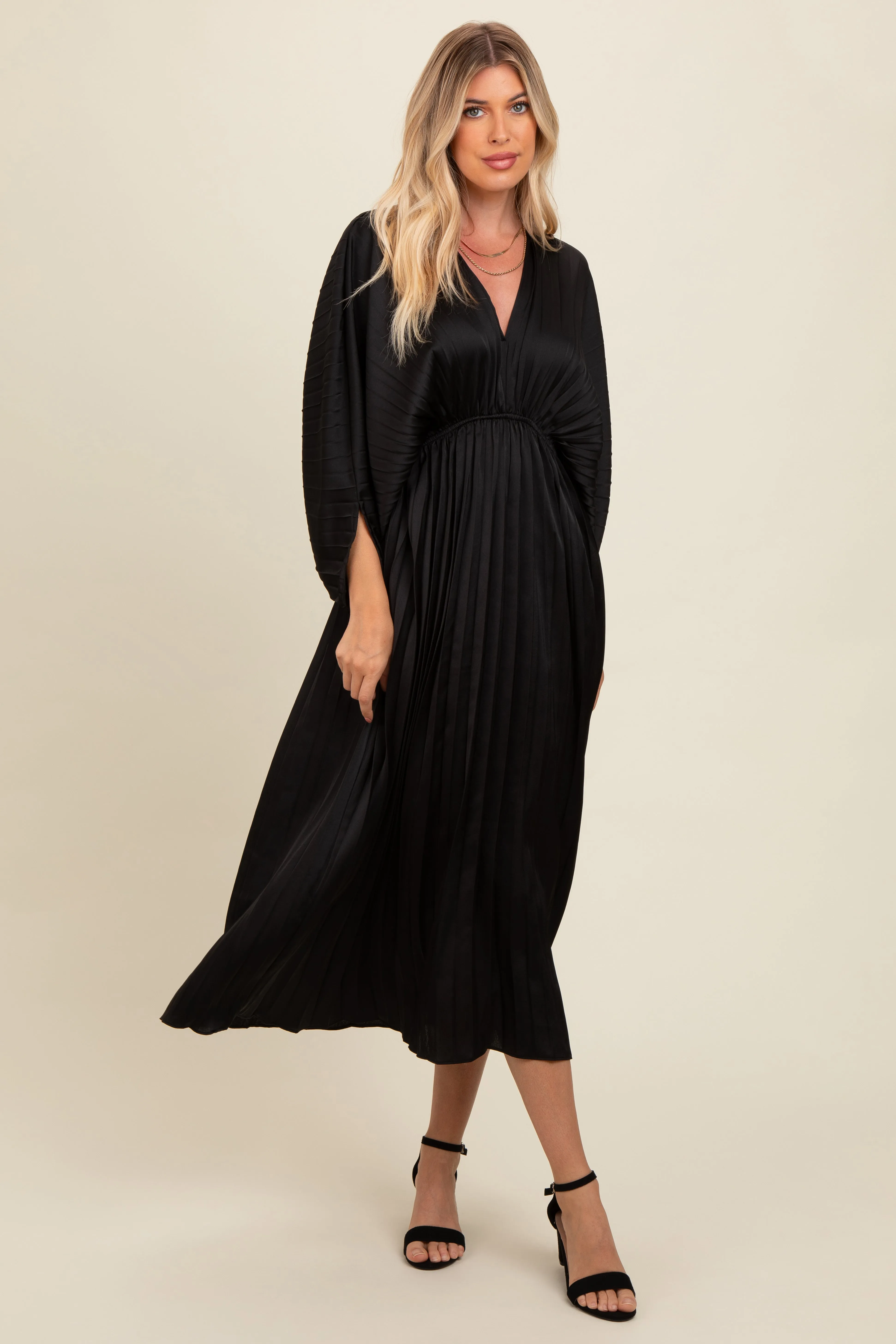 Black Satin Pleated V-Neck Maxi Dress sold by Pinkblush product image thumbnail 2