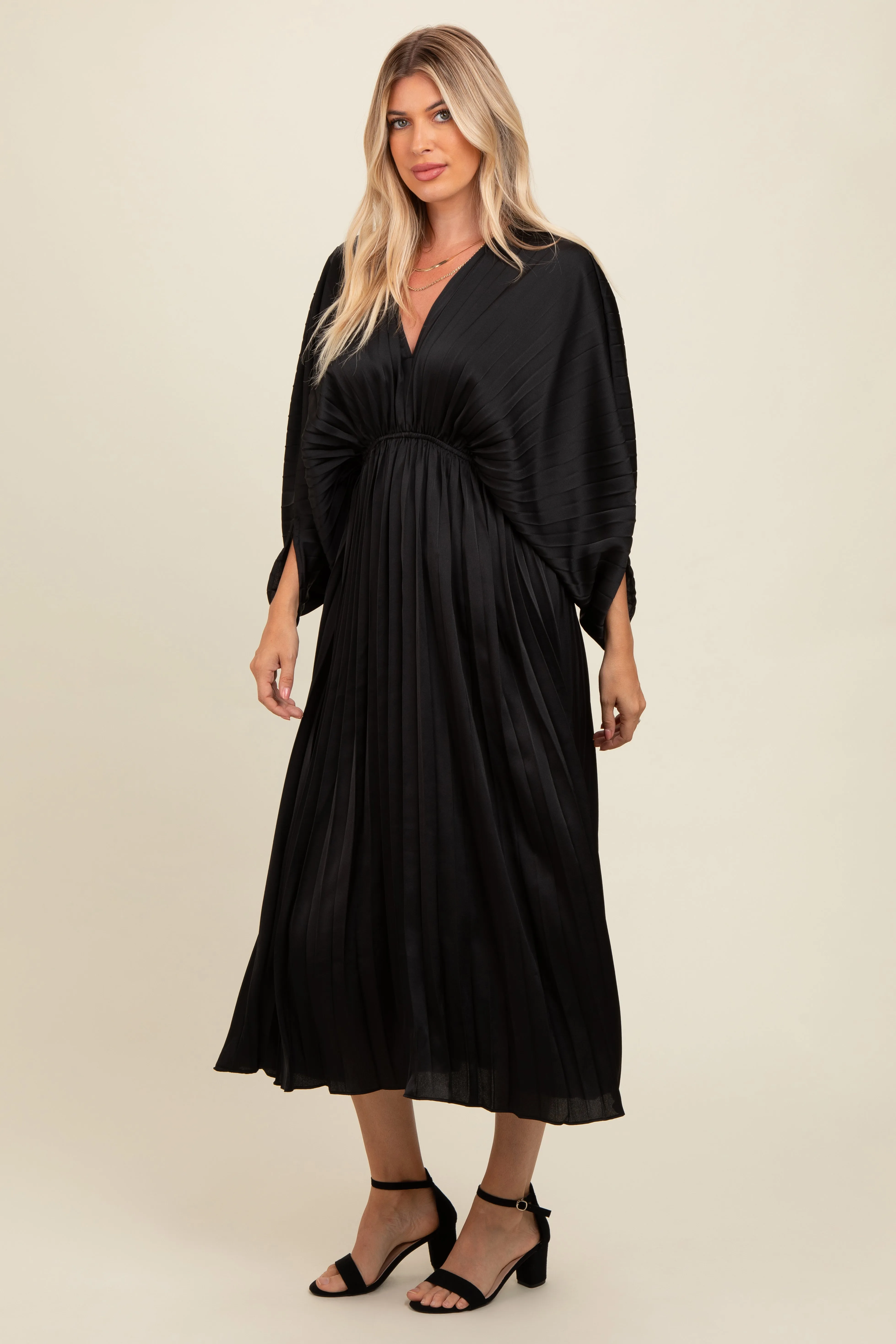 Black Satin Pleated V-Neck Maxi Dress sold by Pinkblush product image thumbnail 3