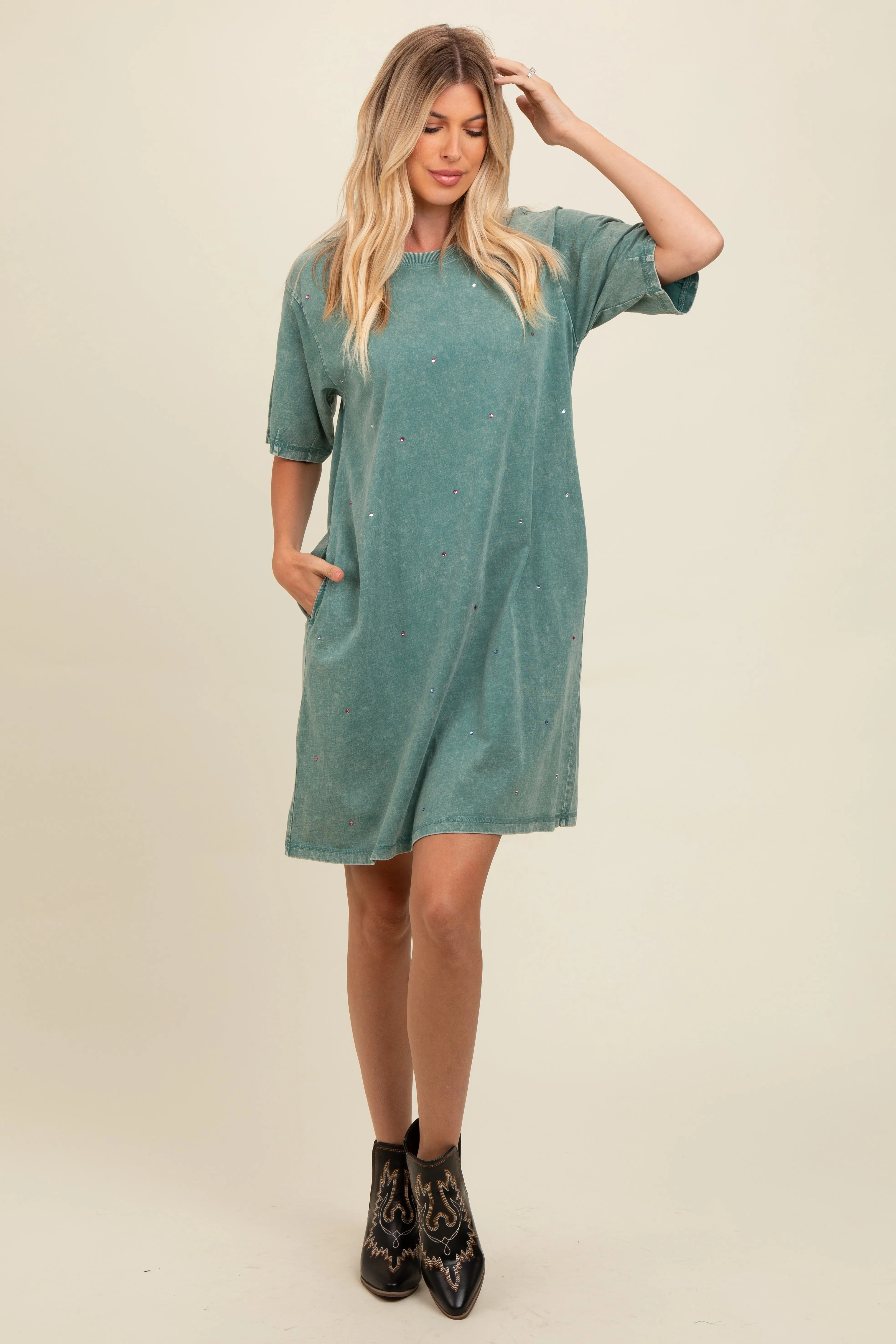 Teal Rhinestone Mineral Washed T-Shirt Dress sold by Pinkblush