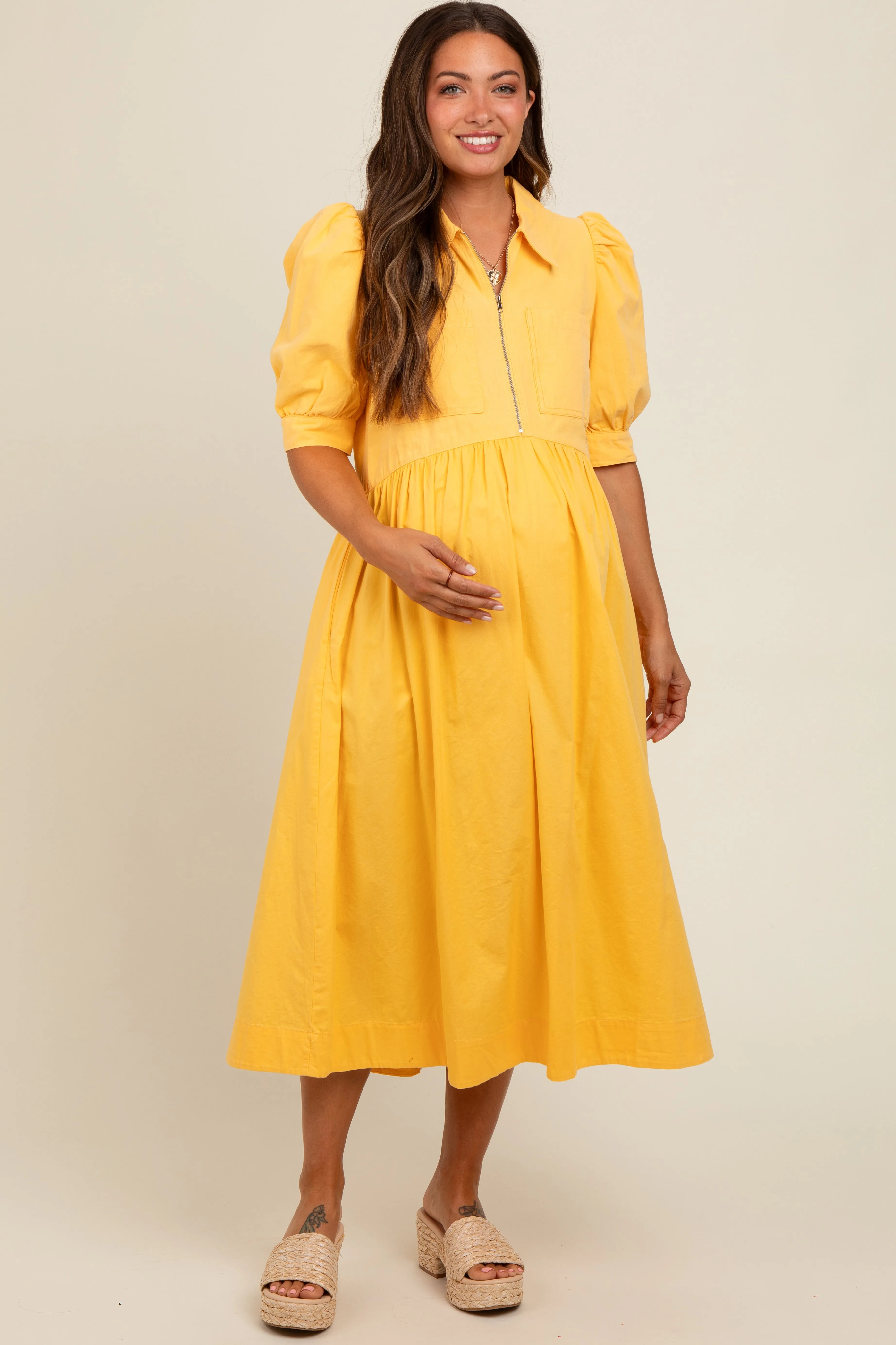 Yellow Half Zip Maternity Midi Dress sold by Pinkblush product image thumbnail 2
