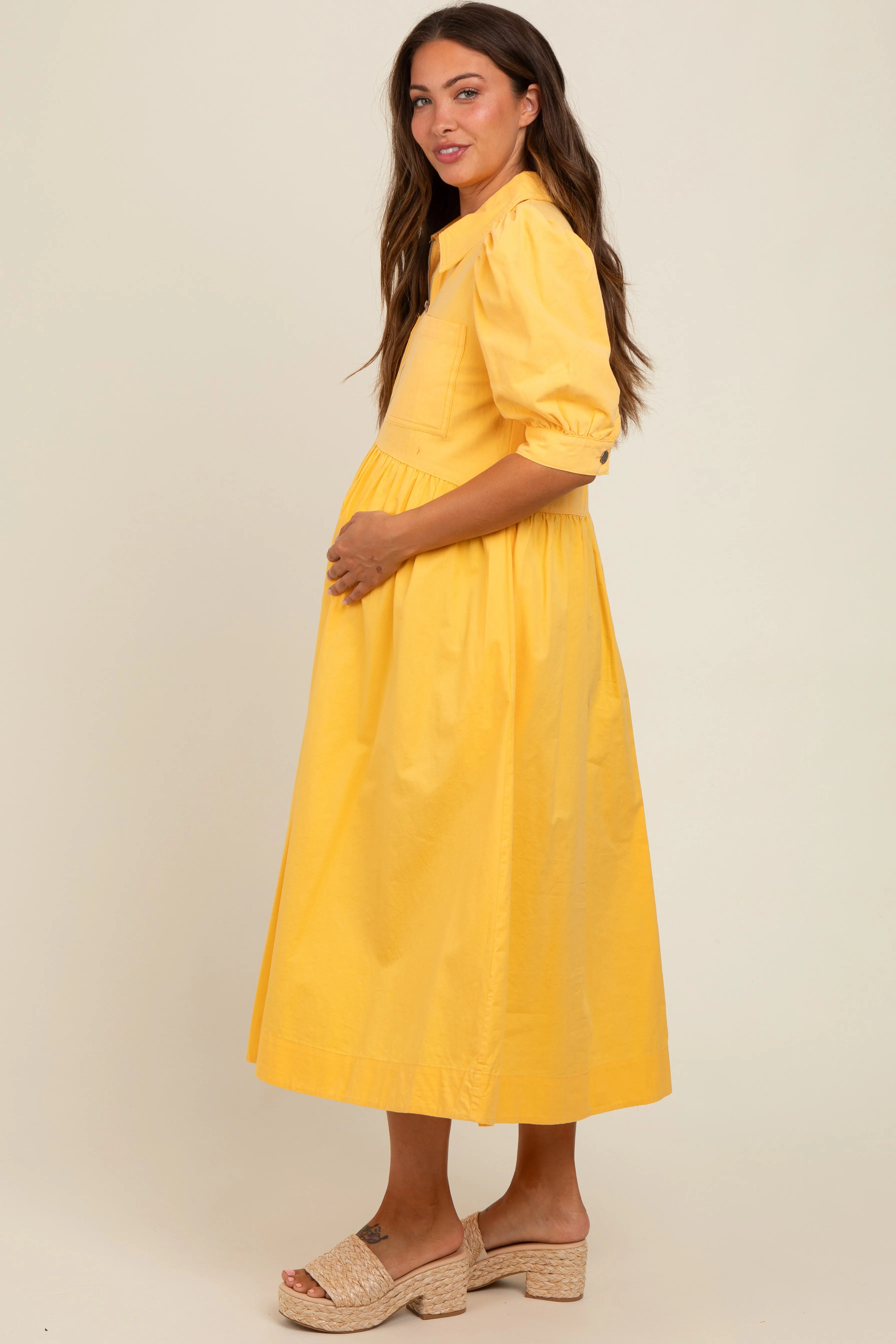 Yellow Half Zip Maternity Midi Dress sold by Pinkblush product image thumbnail 3