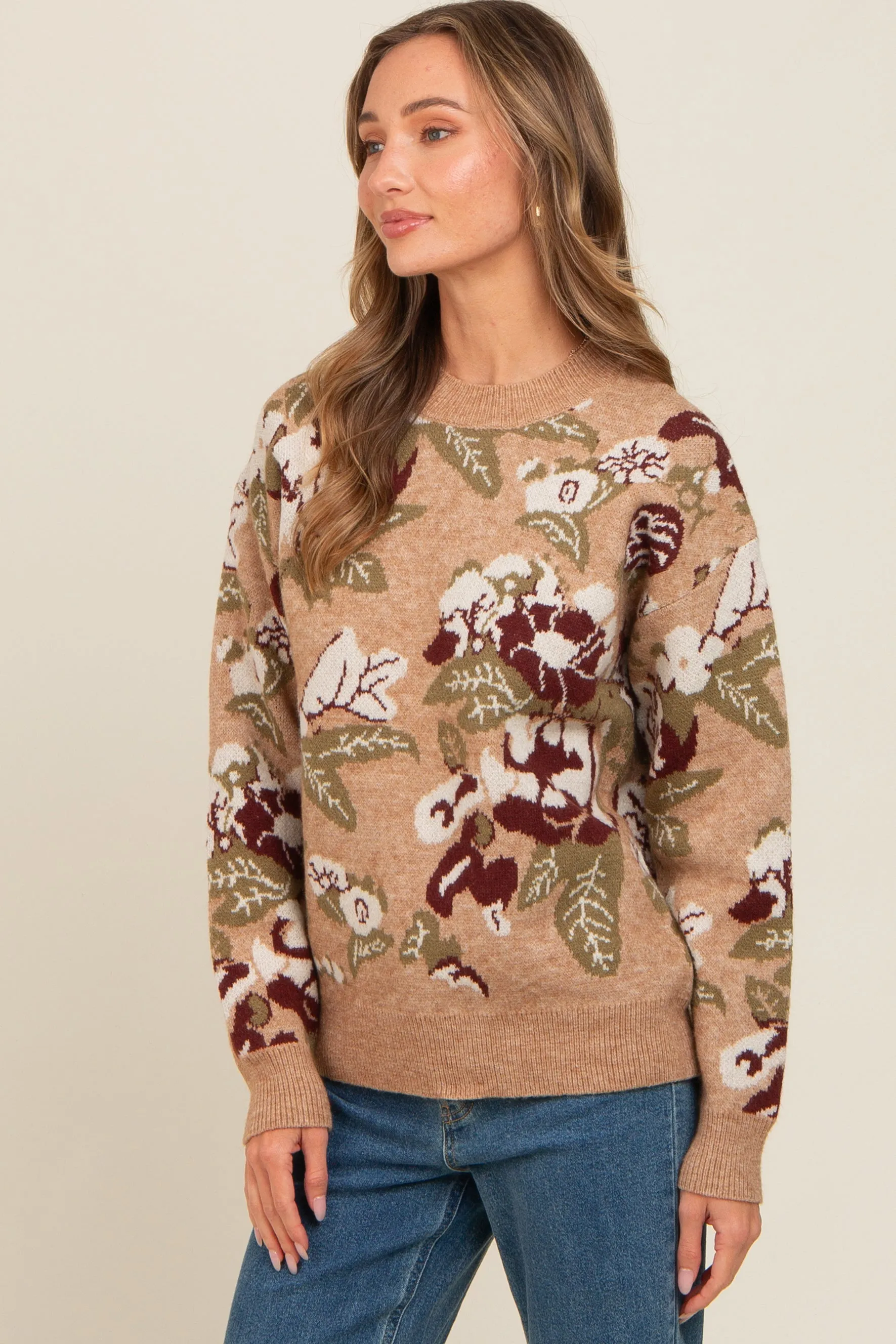 Beige Floral Print Crew Neck Sweater sold by Pinkblush product image thumbnail 4