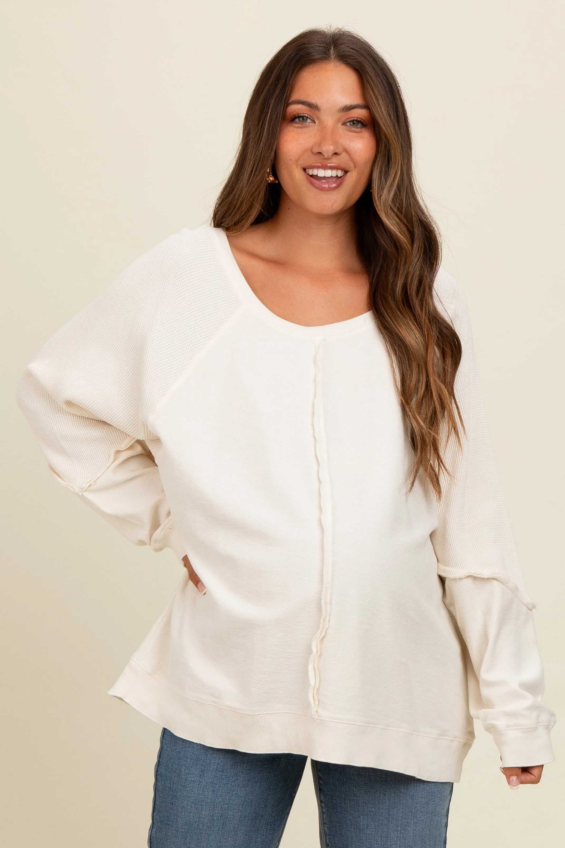 Cream Mixed Knit Raw Hem Maternity Pullover Top sold by Pinkblush product image thumbnail 2