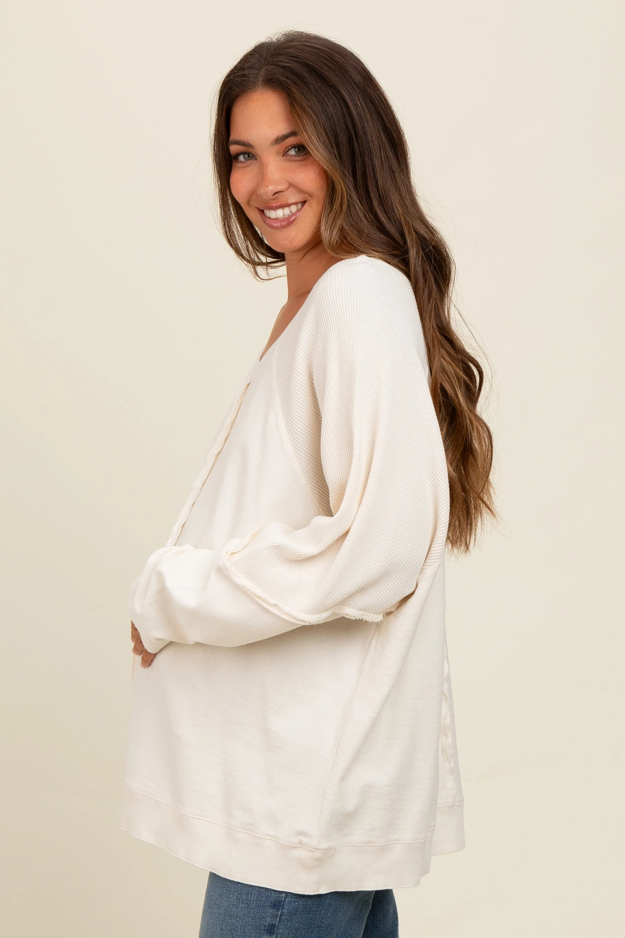 Cream Mixed Knit Raw Hem Maternity Pullover Top sold by Pinkblush product image thumbnail 3
