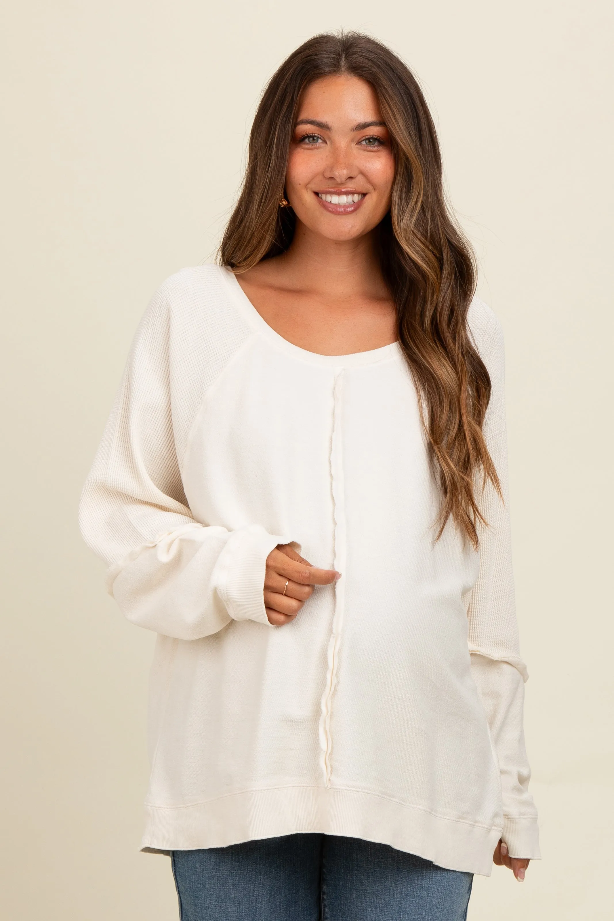 Cream Mixed Knit Raw Hem Maternity Pullover Top sold by Pinkblush