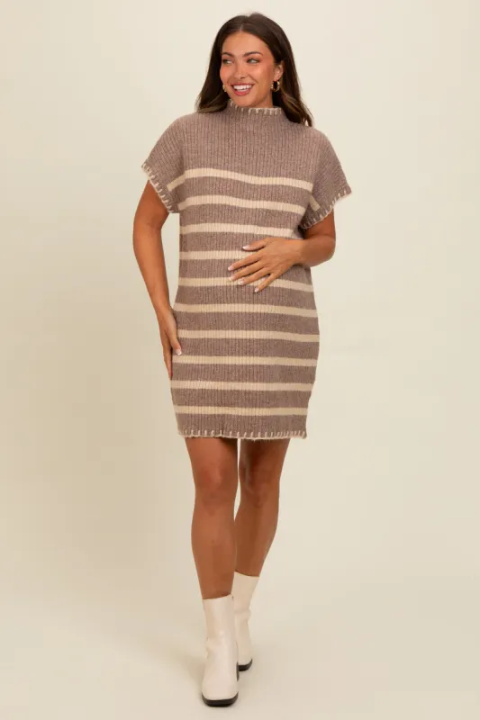 Mocha Striped Knit Contrast Stitch Maternity Mini Dress sold by Pinkblush