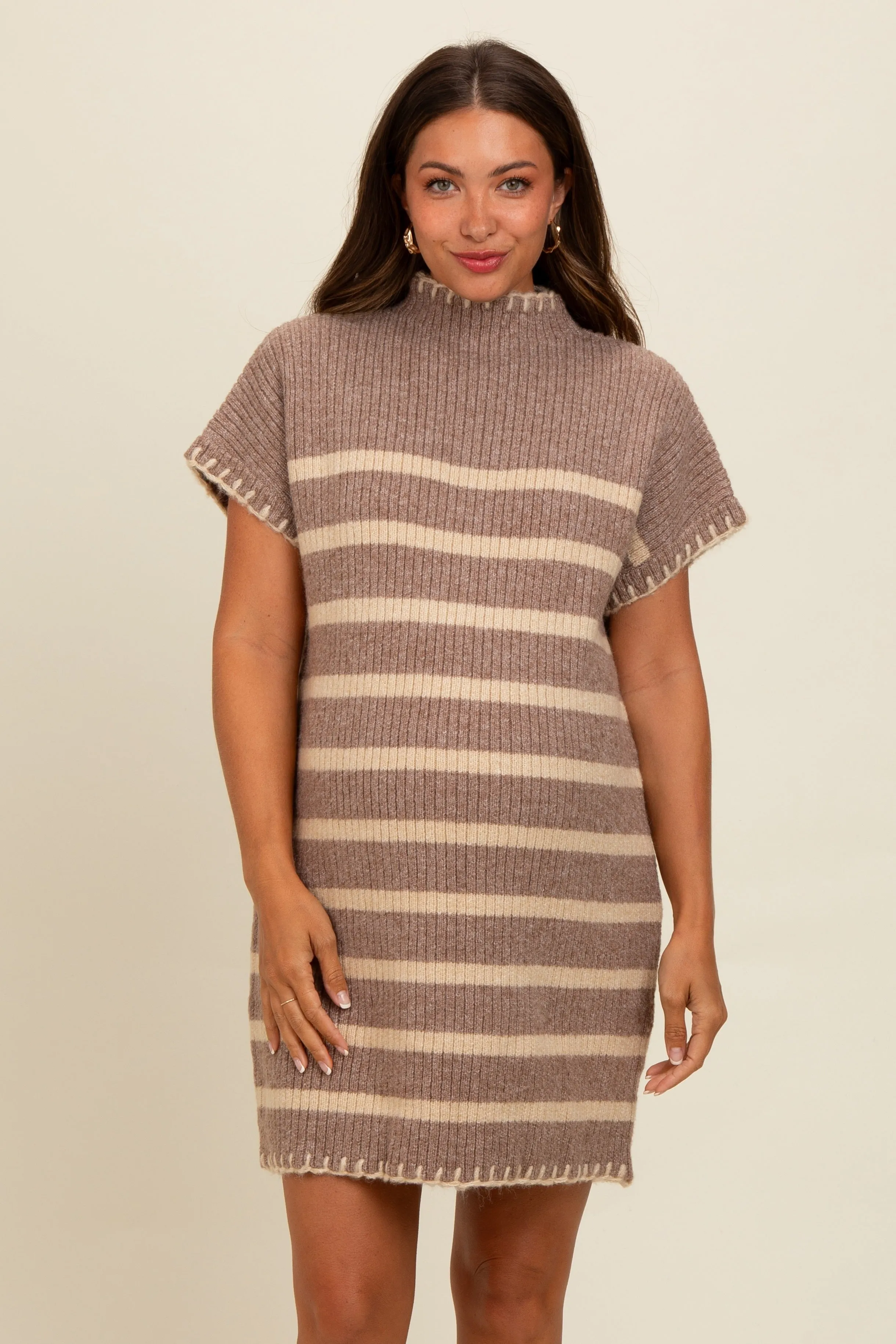 Mocha Striped Knit Contrast Stitch Maternity Mini Dress sold by Pinkblush product image thumbnail 2