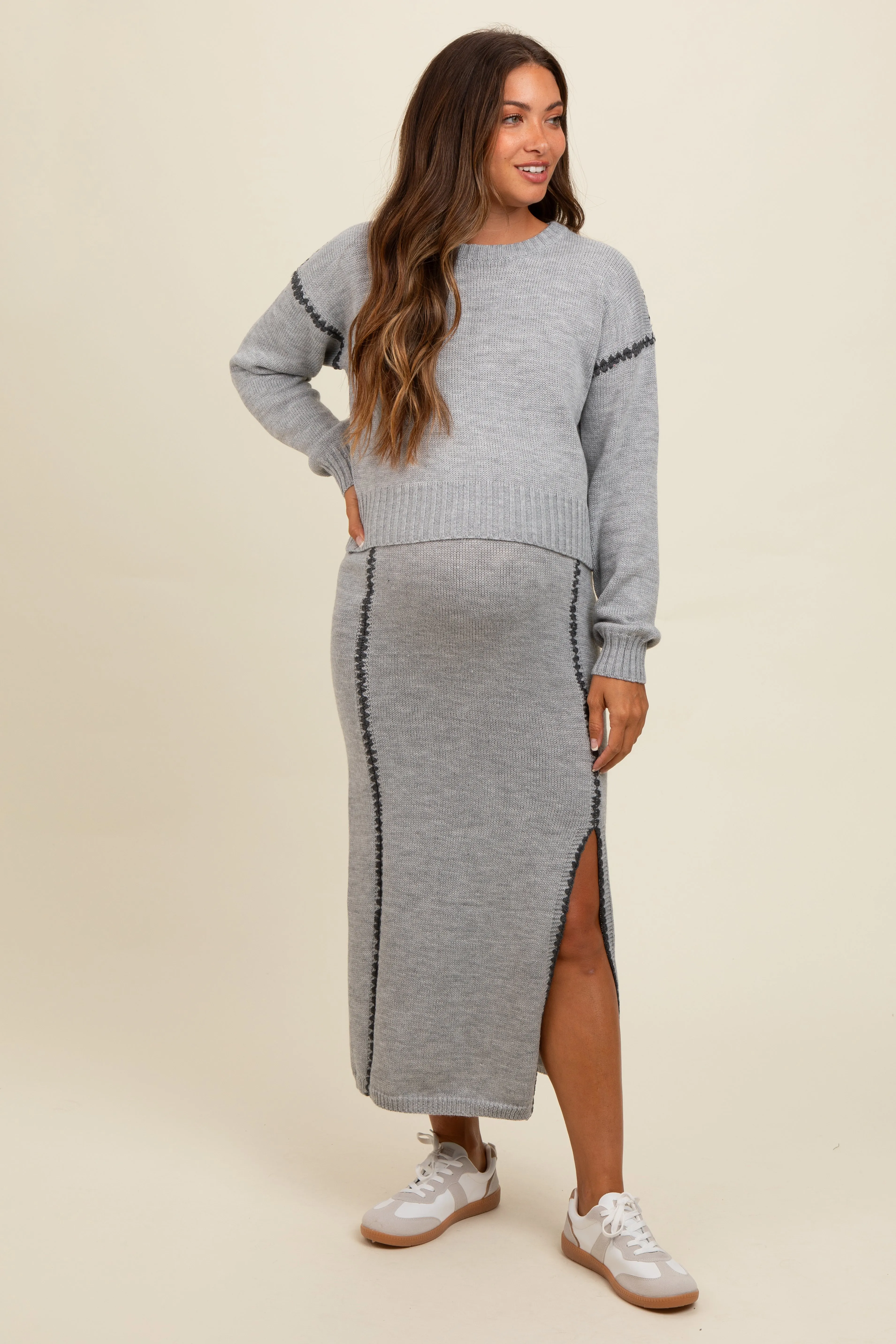 Heather Grey Contrast Stitch Knit Sweater And Maxi Skirt Maternity Set sold by Pinkblush product image thumbnail 2