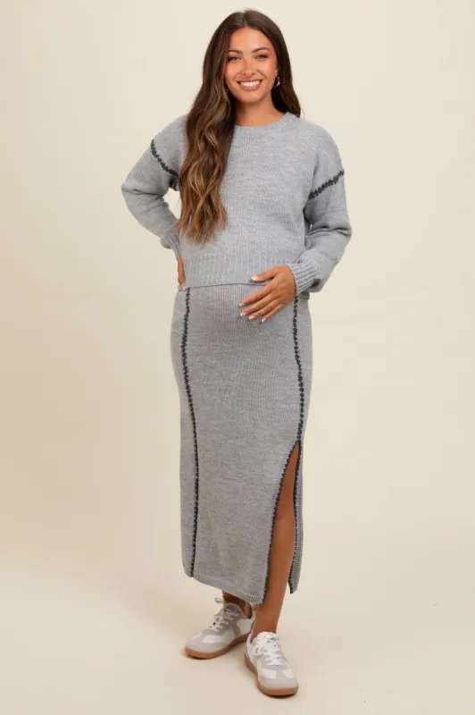 Heather Grey Contrast Stitch Knit Sweater And Maxi Skirt Maternity Set sold by Pinkblush