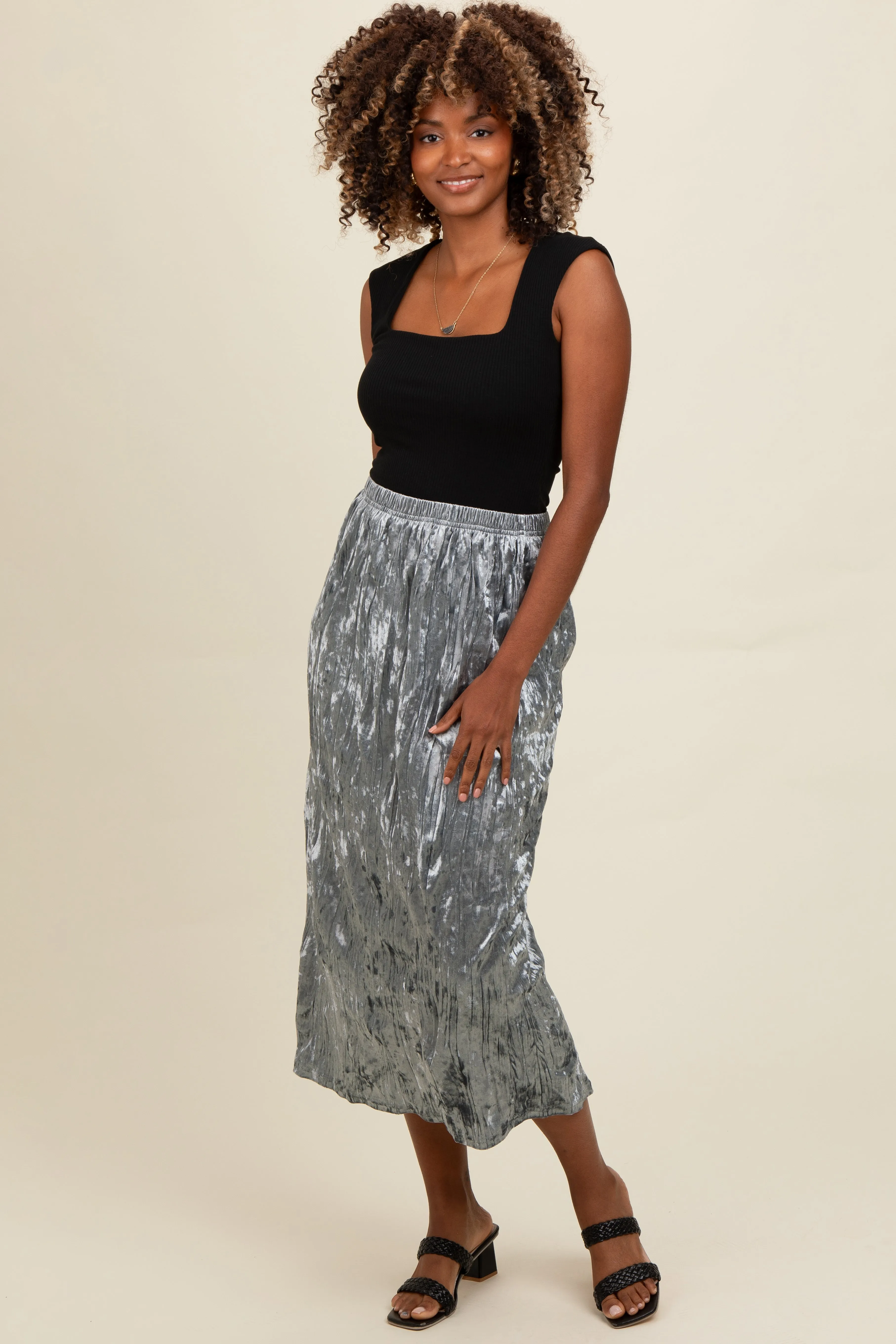 Blue Velvet Crinkled Midi Skirt sold by Pinkblush